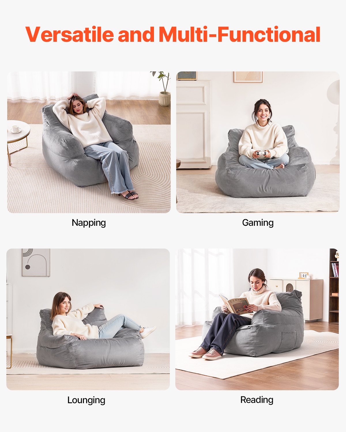 VEVOR Bean Bag Chair BeanBag Sofa Chair with Armrests for Adults Plush Grey 