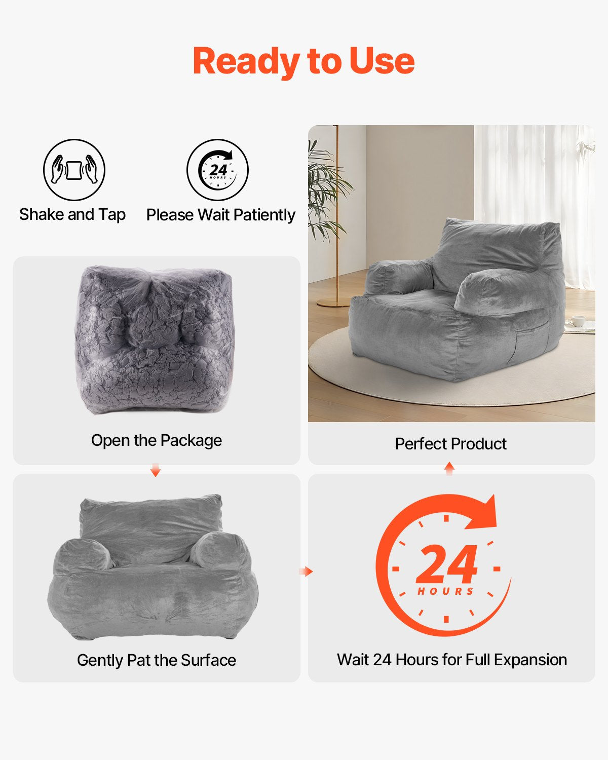 VEVOR Bean Bag Chair BeanBag Sofa Chair with Armrests for Adults Plush Grey 