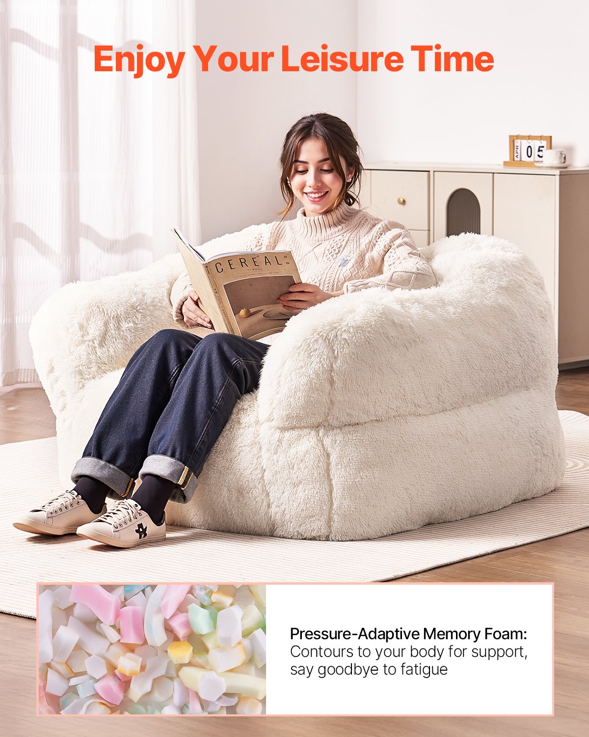 VEVOR Bean Bag Chair BeanBag Sofa Chair with Armrests for Adults Plush Beige 