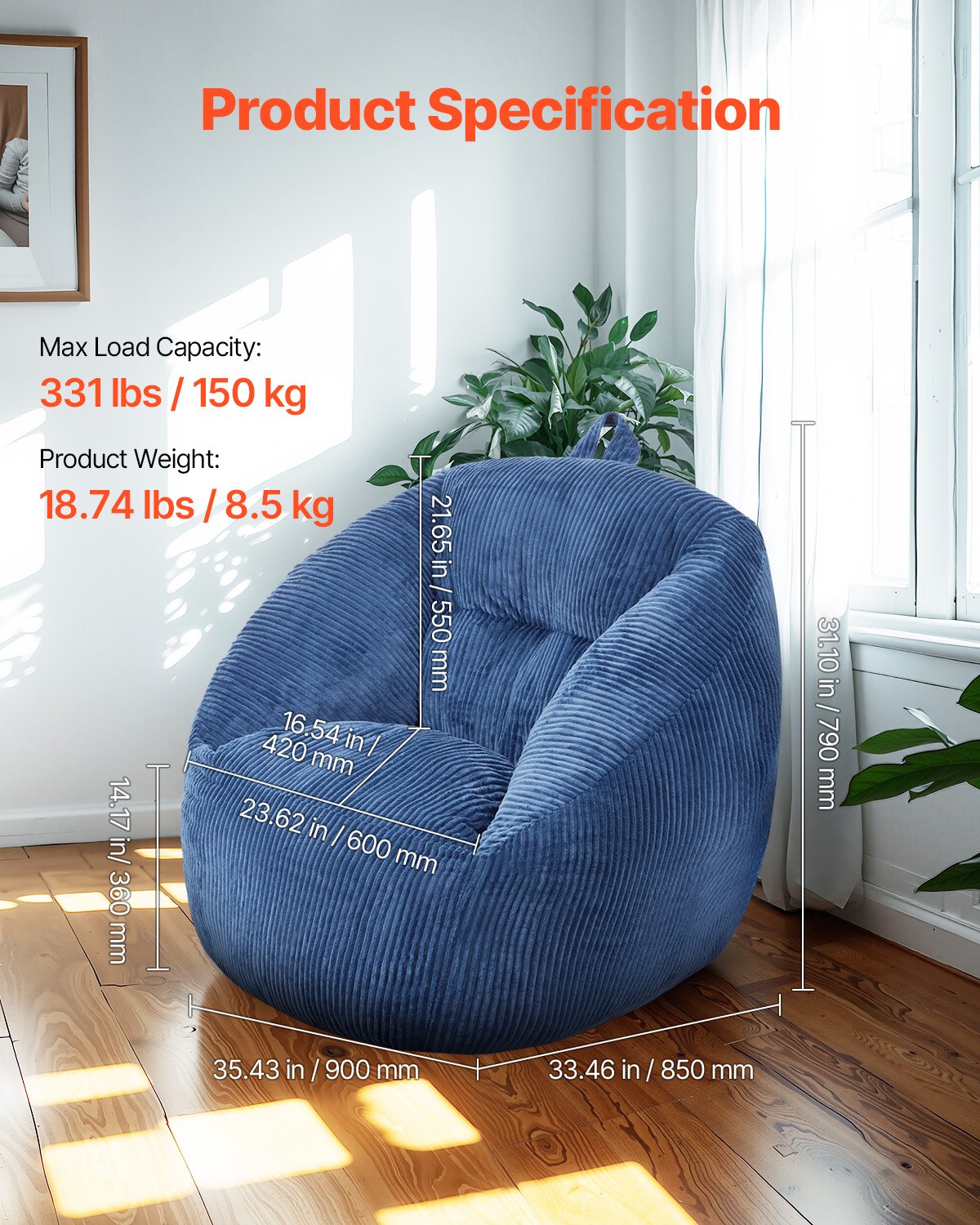 VEVOR 3 feet Bean Bag Chair with Soft Armrests and Storage Pocket Blue 