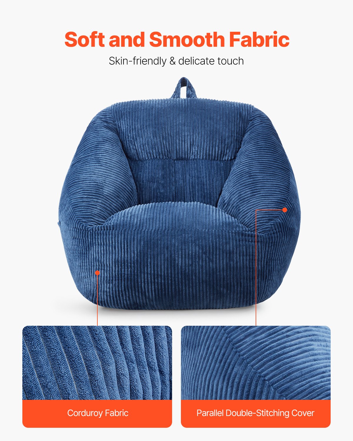 VEVOR 3 feet Bean Bag Chair with Soft Armrests and Storage Pocket Blue 
