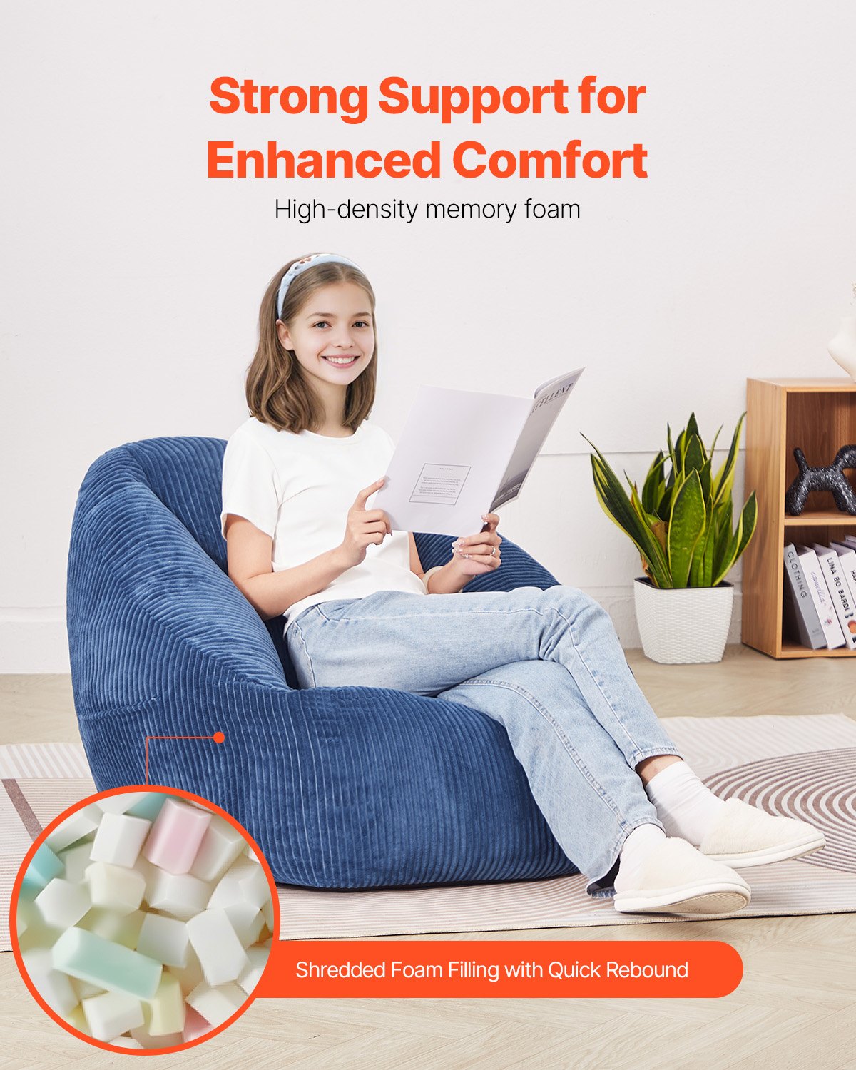 VEVOR 3 feet Bean Bag Chair with Soft Armrests and Storage Pocket Blue 