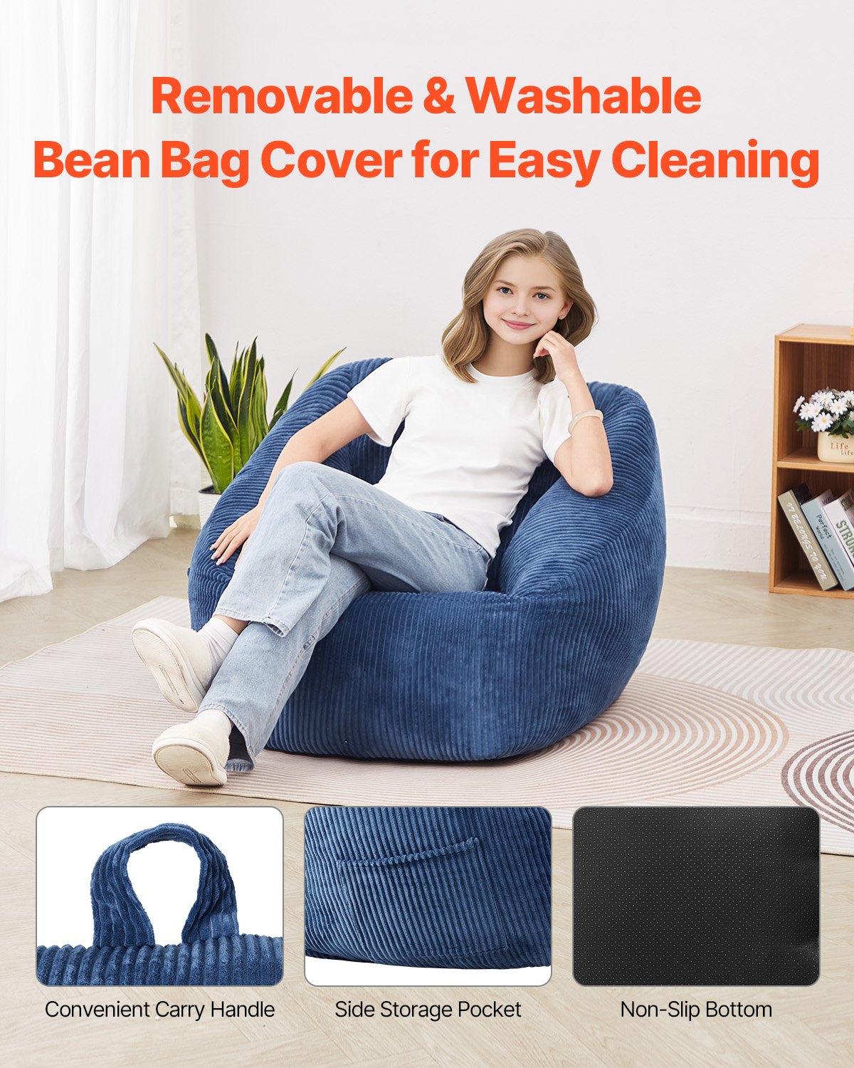 VEVOR 3 feet Bean Bag Chair with Soft Armrests and Storage Pocket Blue 