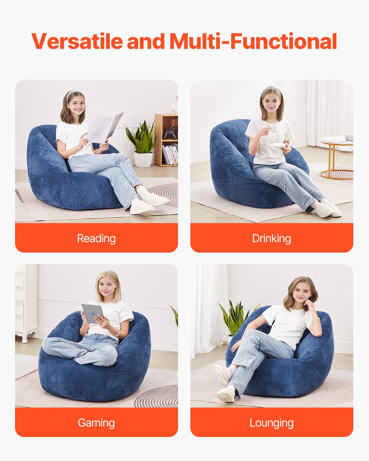 VEVOR 3 feet Bean Bag Chair with Soft Armrests and Storage Pocket Blue 