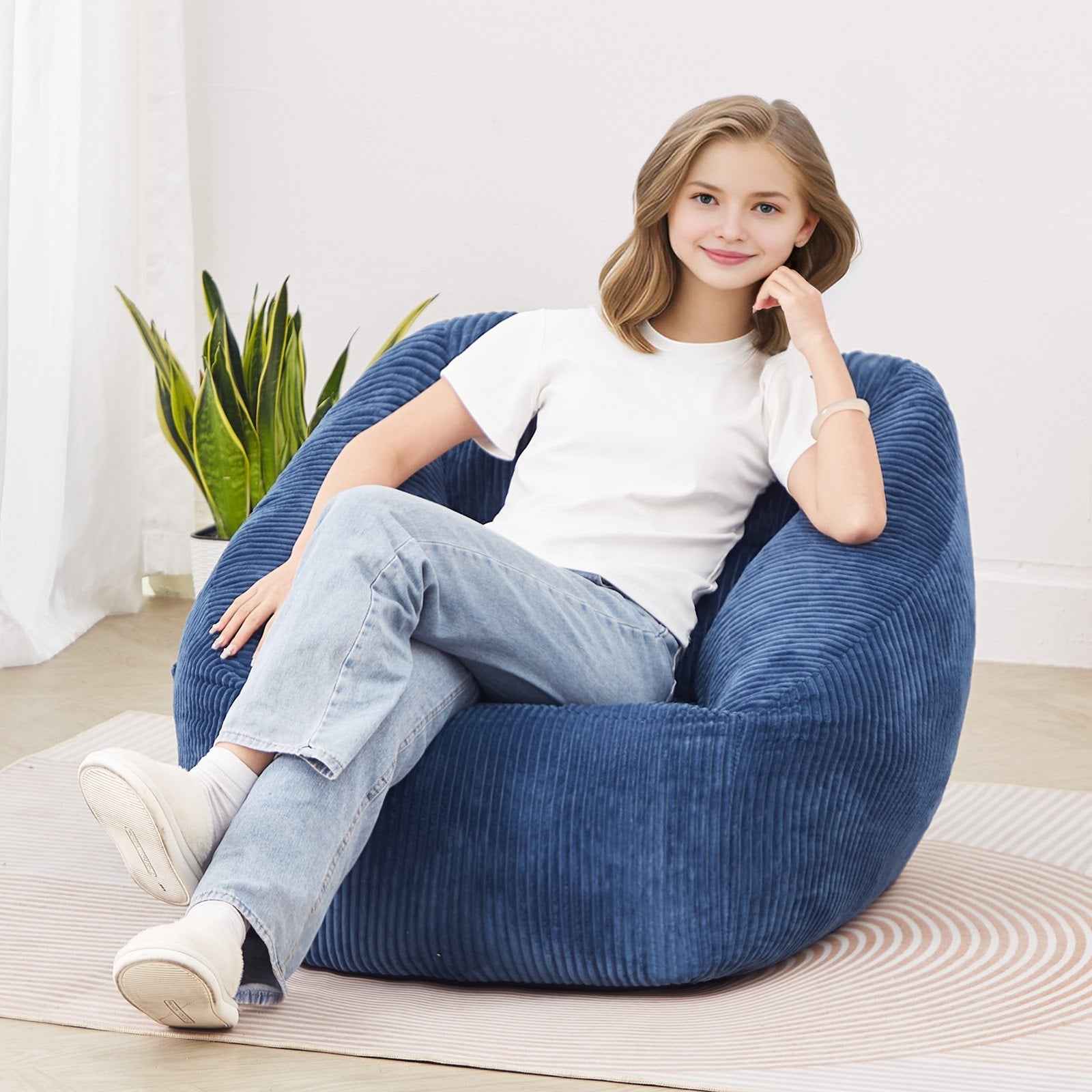 VEVOR 3 feet Bean Bag Chair with Soft Armrests and Storage Pocket Blue 