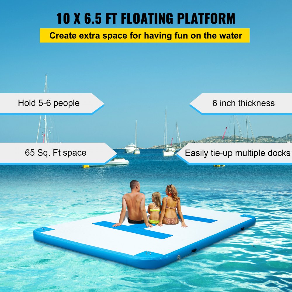 VEVOR Inflatable Floating Dock 10 x 6.5 ft, Inflatable Dock Platform with Electric Air Pump, Inflatable Swim Platform  6 Inch Thick, Floating Dock  5-6 People, Floating Platform for Pool Beach Ocean 