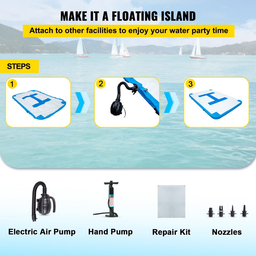 VEVOR Inflatable Floating Dock 10 x 6.5 ft, Inflatable Dock Platform with Electric Air Pump, Inflatable Swim Platform  6 Inch Thick, Floating Dock  5-6 People, Floating Platform for Pool Beach Ocean 