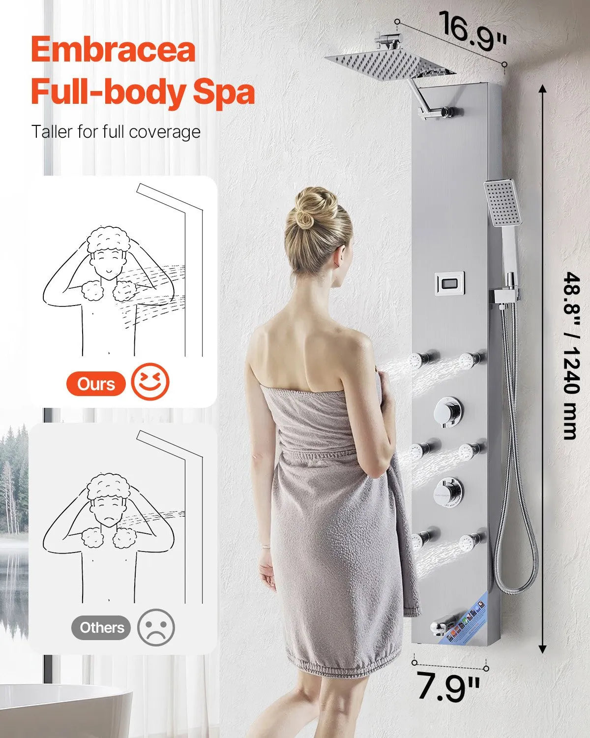 VEVOR Shower Panel Tower System with Rainfall Shower Head, LED, 49 in Brushed Stainless Steel Shower Column, 4-Function Faucet, Wall-Mount Rain Massage System with 6 Body Jets, Handheld, and Tub Spout 