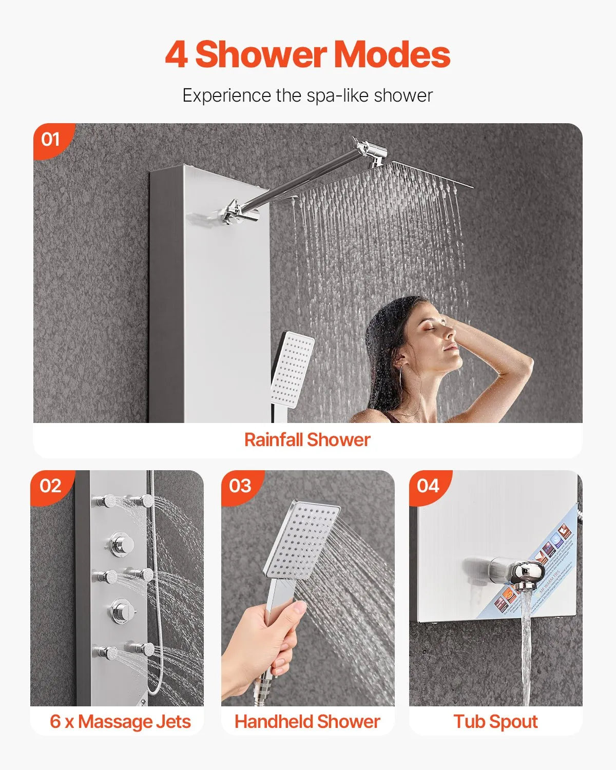 VEVOR Shower Panel Tower System with Rainfall Shower Head, LED, 49 in Brushed Stainless Steel Shower Column, 4-Function Faucet, Wall-Mount Rain Massage System with 6 Body Jets, Handheld, and Tub Spout 