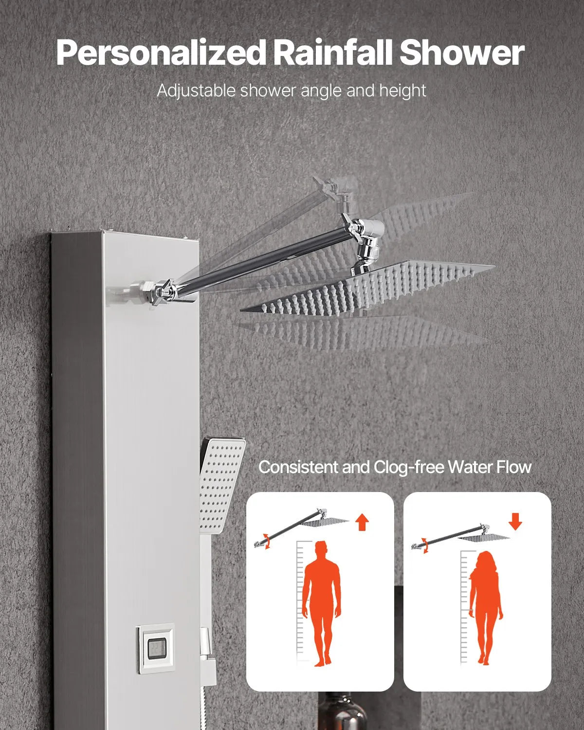 VEVOR Shower Panel Tower System with Rainfall Shower Head, LED, 49 in Brushed Stainless Steel Shower Column, 4-Function Faucet, Wall-Mount Rain Massage System with 6 Body Jets, Handheld, and Tub Spout 