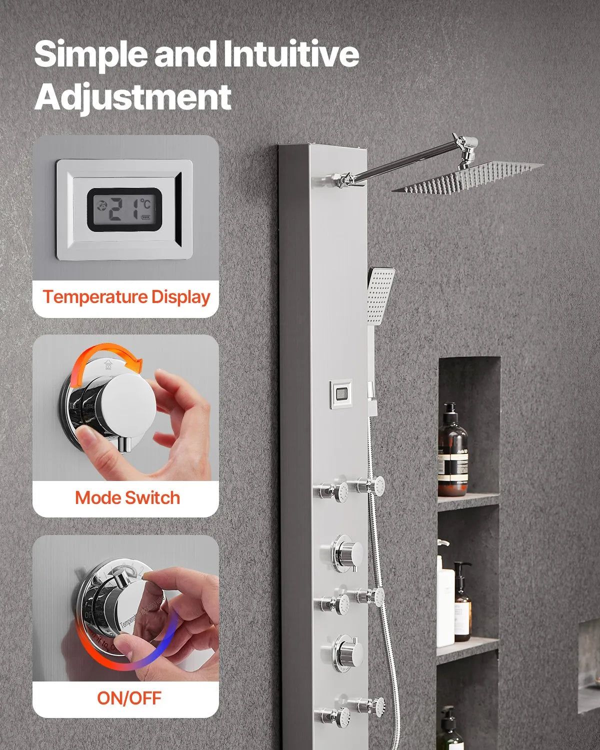 VEVOR Shower Panel Tower System with Rainfall Shower Head, LED, 49 in Brushed Stainless Steel Shower Column, 4-Function Faucet, Wall-Mount Rain Massage System with 6 Body Jets, Handheld, and Tub Spout 