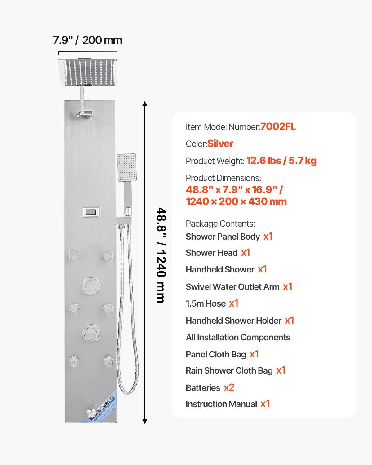 VEVOR Shower Panel Tower System with Rainfall Shower Head, LED, 49 in Brushed Stainless Steel Shower Column, 4-Function Faucet, Wall-Mount Rain Massage System with 6 Body Jets, Handheld, and Tub Spout 