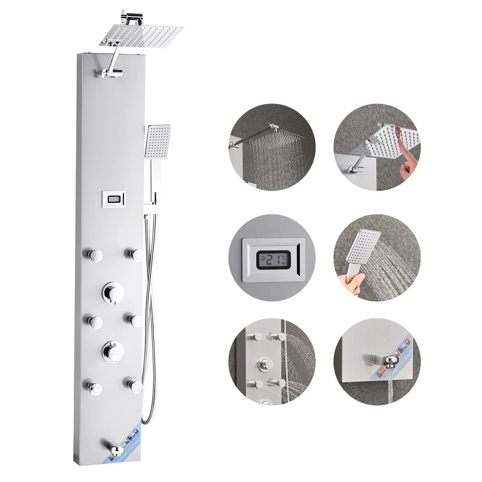 VEVOR Shower Panel Tower System with Rainfall Shower Head, LED, 49 in Brushed Stainless Steel Shower Column, 4-Function Faucet, Wall-Mount Rain Massage System with 6 Body Jets, Handheld, and Tub Spout 