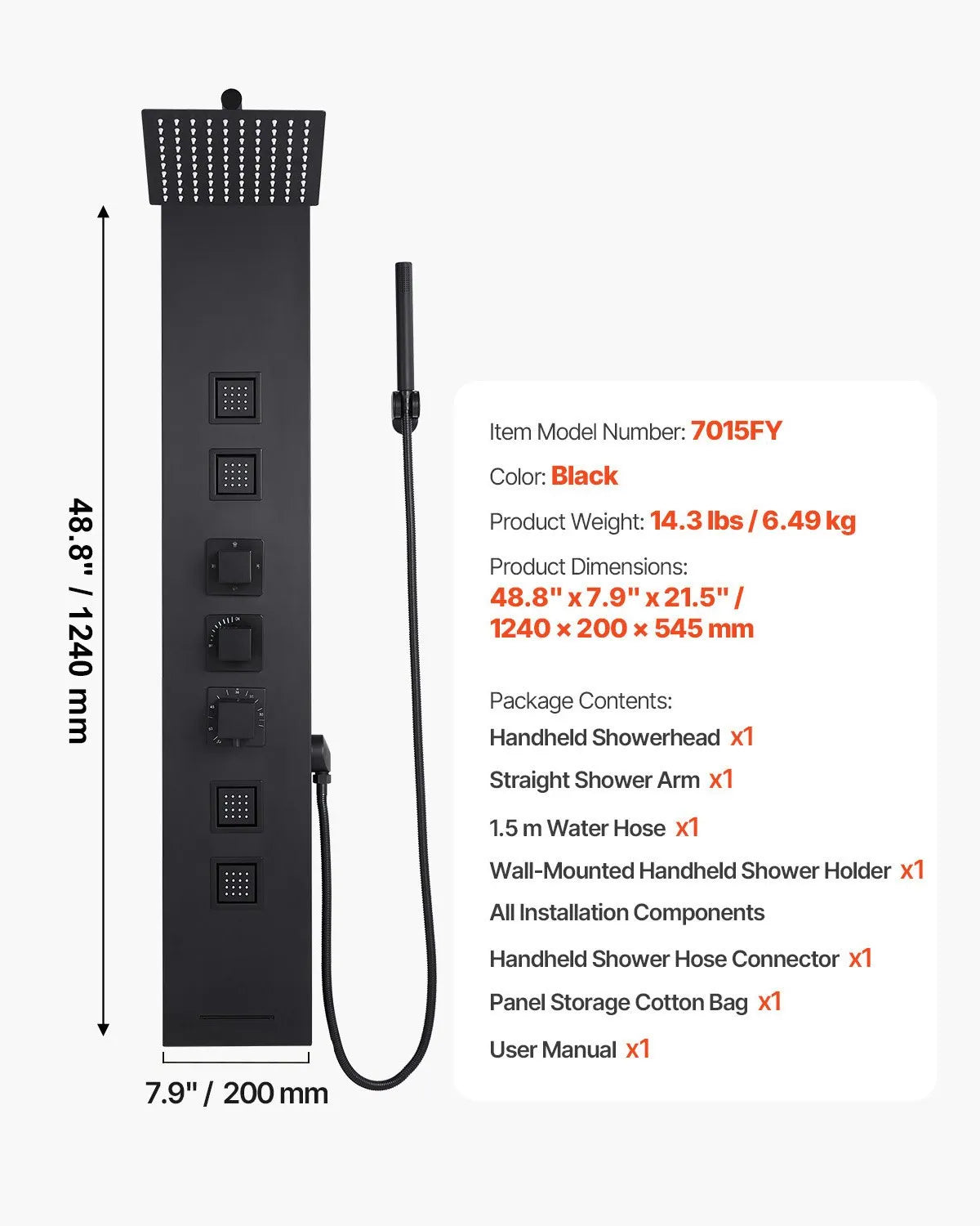 VEVOR Shower Panel Tower System with Rainfall Shower Head, 49 in Brushed Stainless Steel Shower Column, 4-Function Faucet, Wall-Mount Rain Massage System, with 4 Body Jets, Handheld, and Tub Spout 