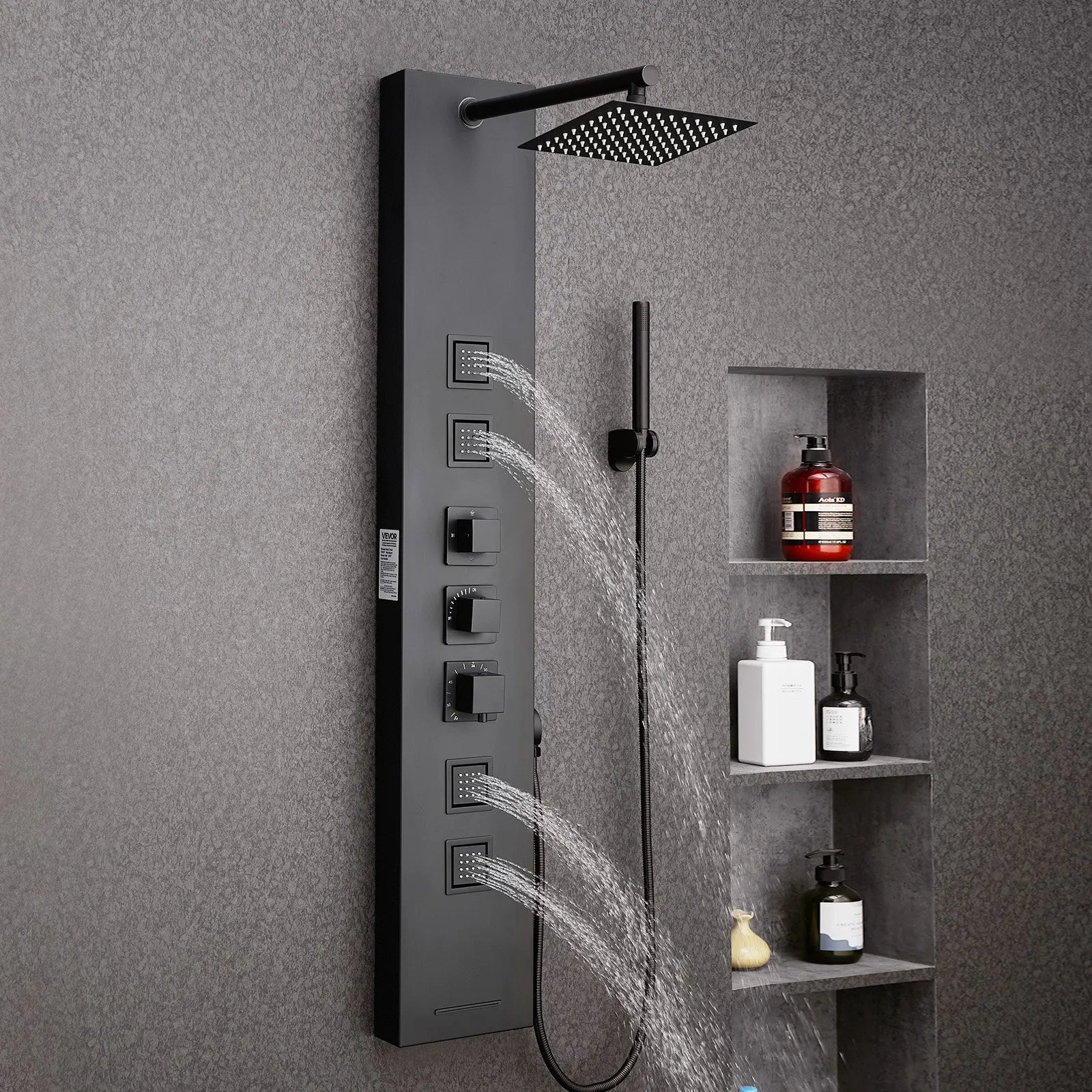 VEVOR Shower Panel Tower System with Rainfall Shower Head, 49 in Brushed Stainless Steel Shower Column, 4-Function Faucet, Wall-Mount Rain Massage System, with 4 Body Jets, Handheld, and Tub Spout 