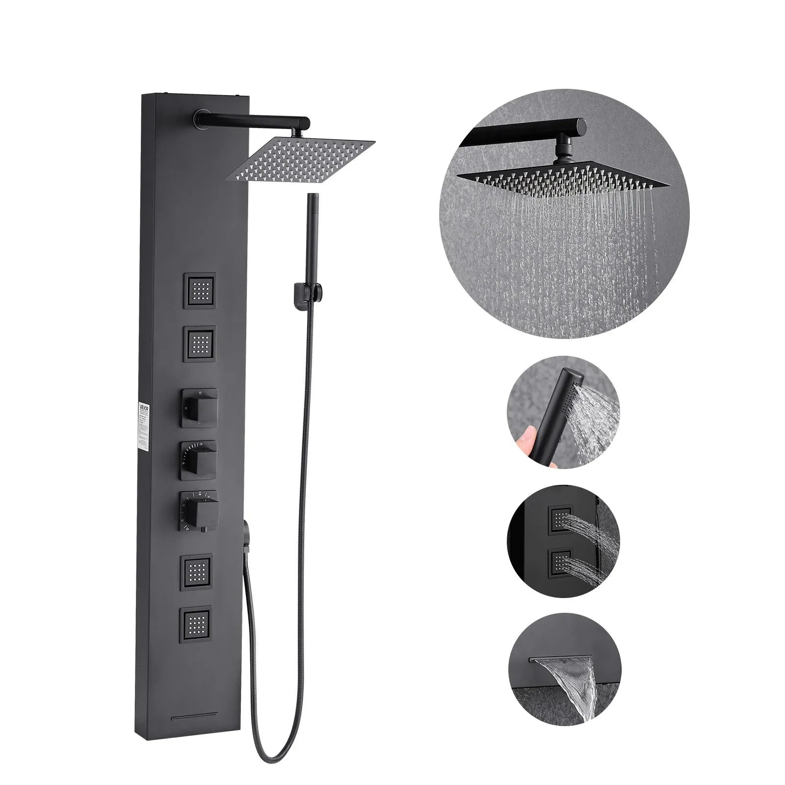 VEVOR Shower Panel Tower System with Rainfall Shower Head, 49 in Brushed Stainless Steel Shower Column, 4-Function Faucet, Wall-Mount Rain Massage System, with 4 Body Jets, Handheld, and Tub Spout 