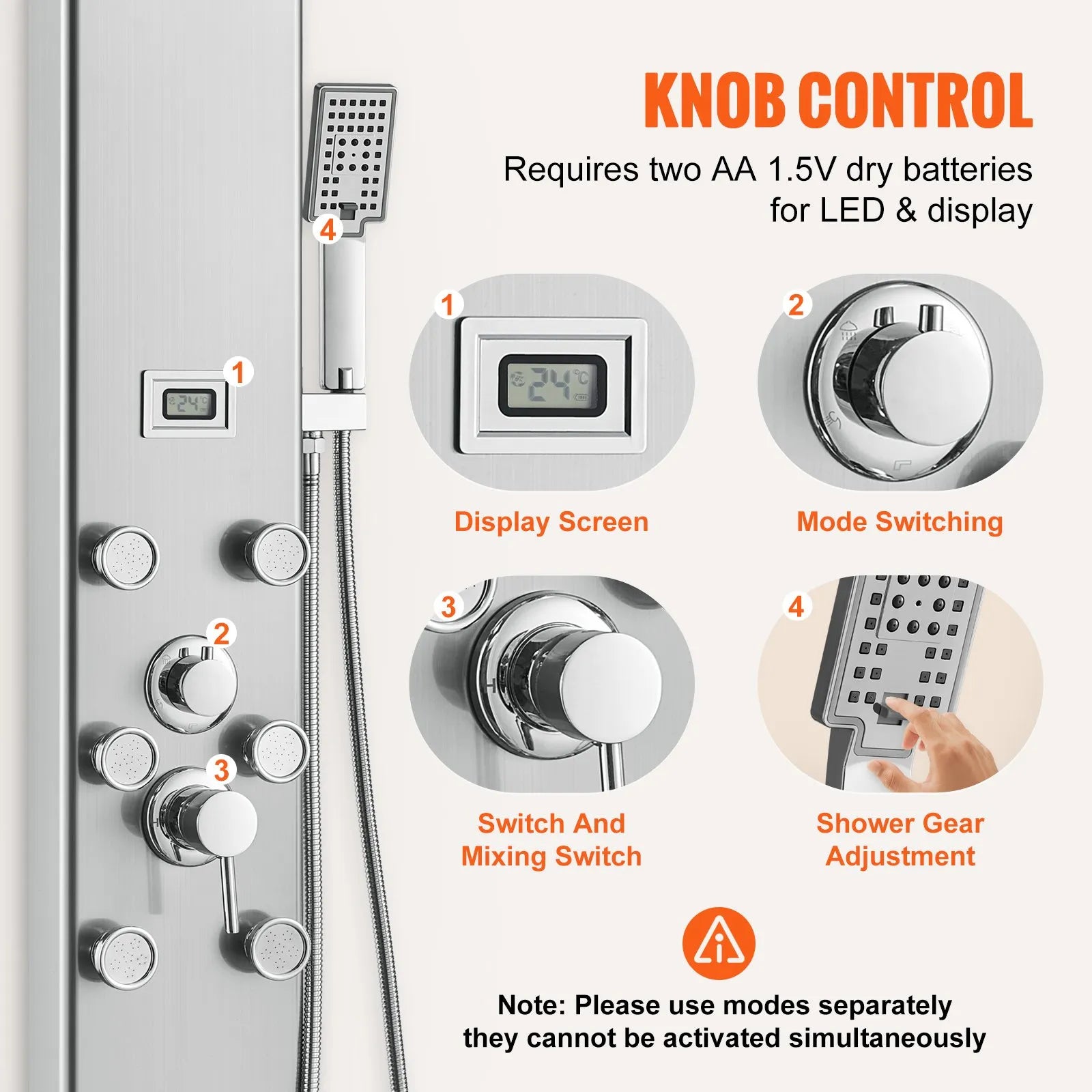 VEVOR Shower Panel System, 6 Shower Modes, Digital Display Shower Panel Tower, Rainfall, 8 Massage Jets, Tub Spout, 3-Setting Handheld Shower Head 59" Hose, Stainless Steel Wall-Mounted Shower Set