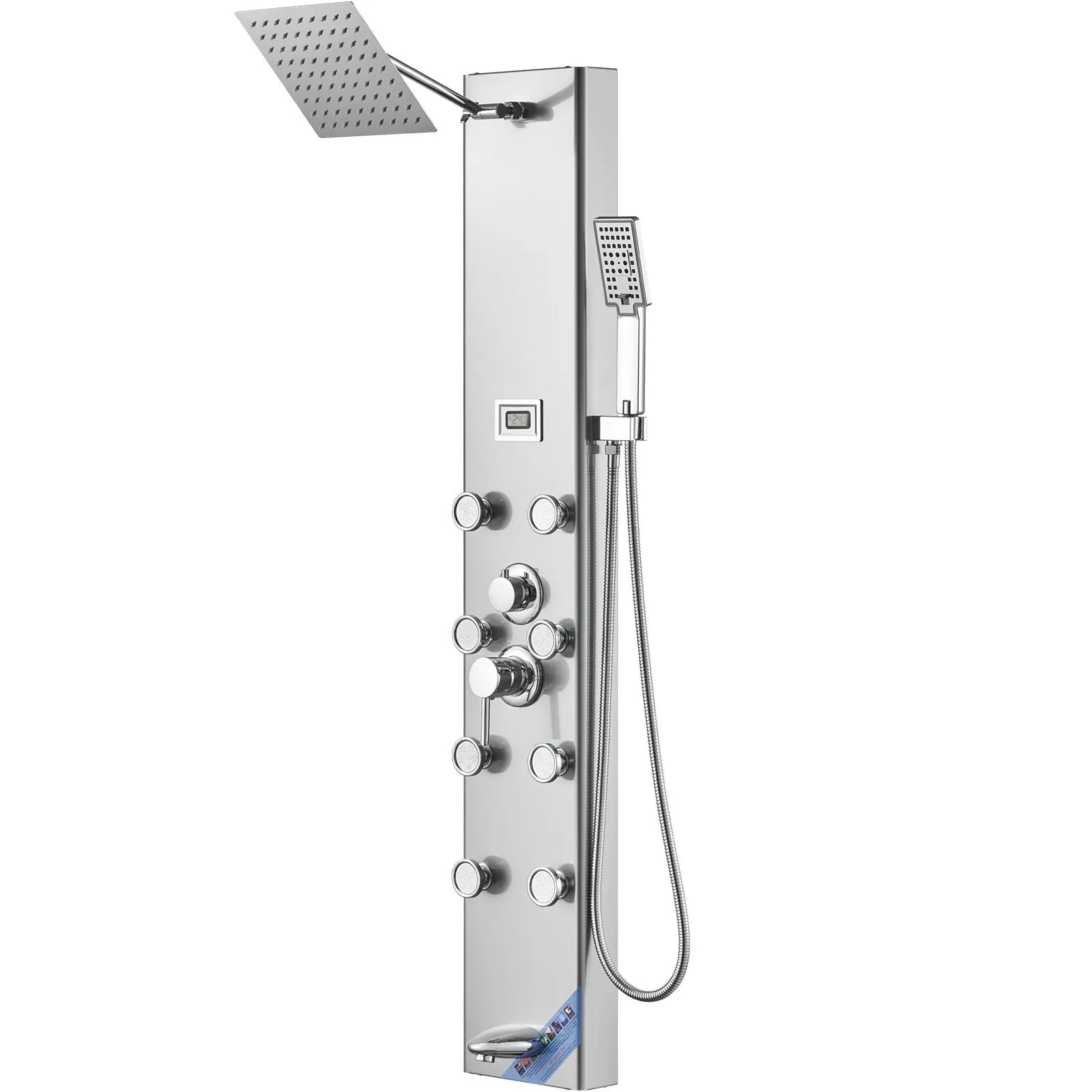 VEVOR Shower Panel System, 6 Shower Modes, Digital Display Shower Panel Tower, Rainfall, 8 Massage Jets, Tub Spout, 3-Setting Handheld Shower Head 59" Hose, Stainless Steel Wall-Mounted Shower Set