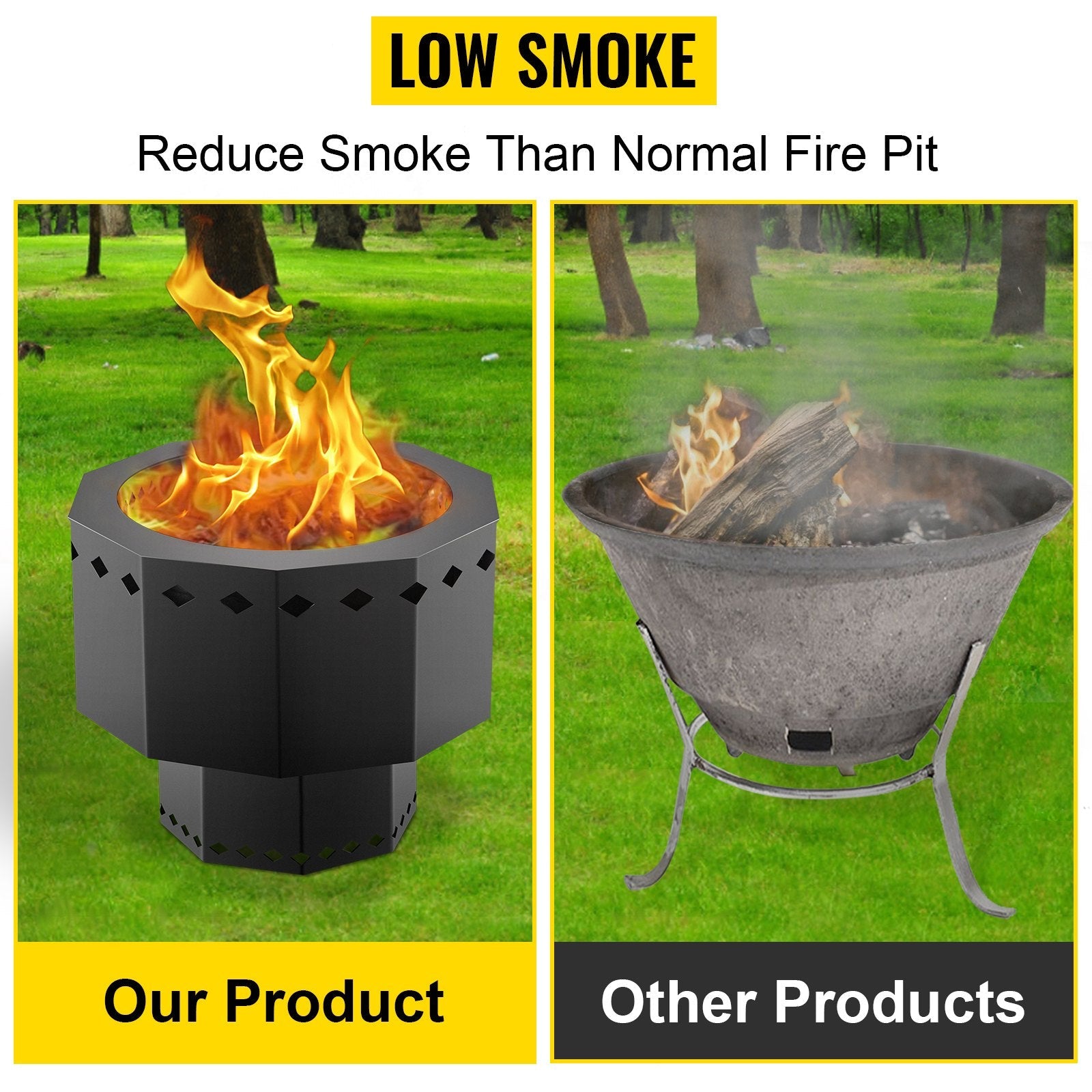VEVOR Smokeless Fire Pit, Carbon Steel Stove Bonfire, Large 15 inch Diameter Wood Burning Fire Pit, Outdoor Stove Bonfire Fire Pit, Portable Smokeless Fire Bowl for Picnic Camping Backyard Black 