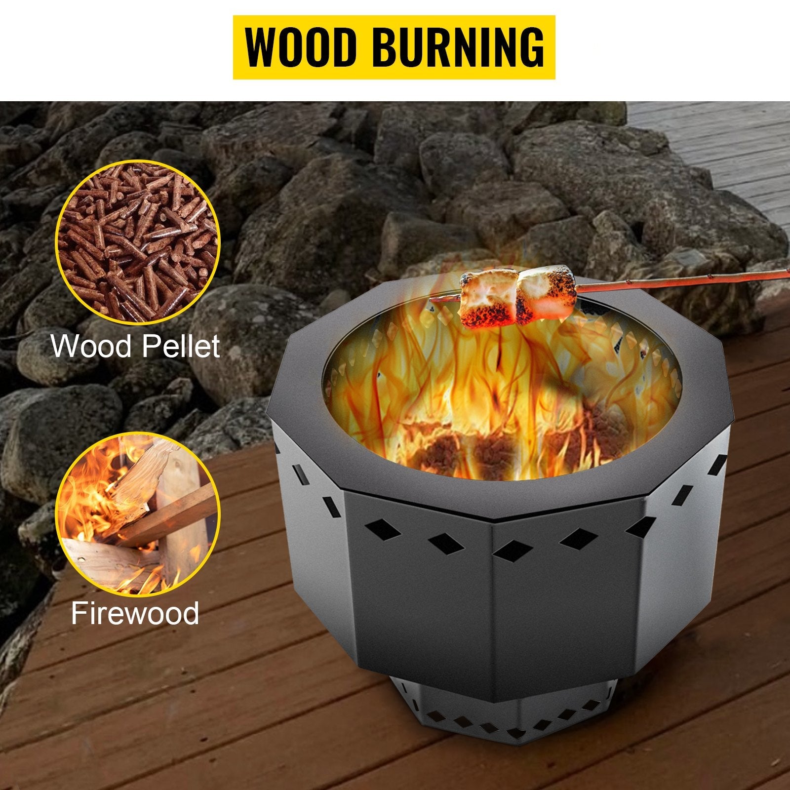 VEVOR Smokeless Fire Pit, Carbon Steel Stove Bonfire, Large 15 inch Diameter Wood Burning Fire Pit, Outdoor Stove Bonfire Fire Pit, Portable Smokeless Fire Bowl for Picnic Camping Backyard Black 