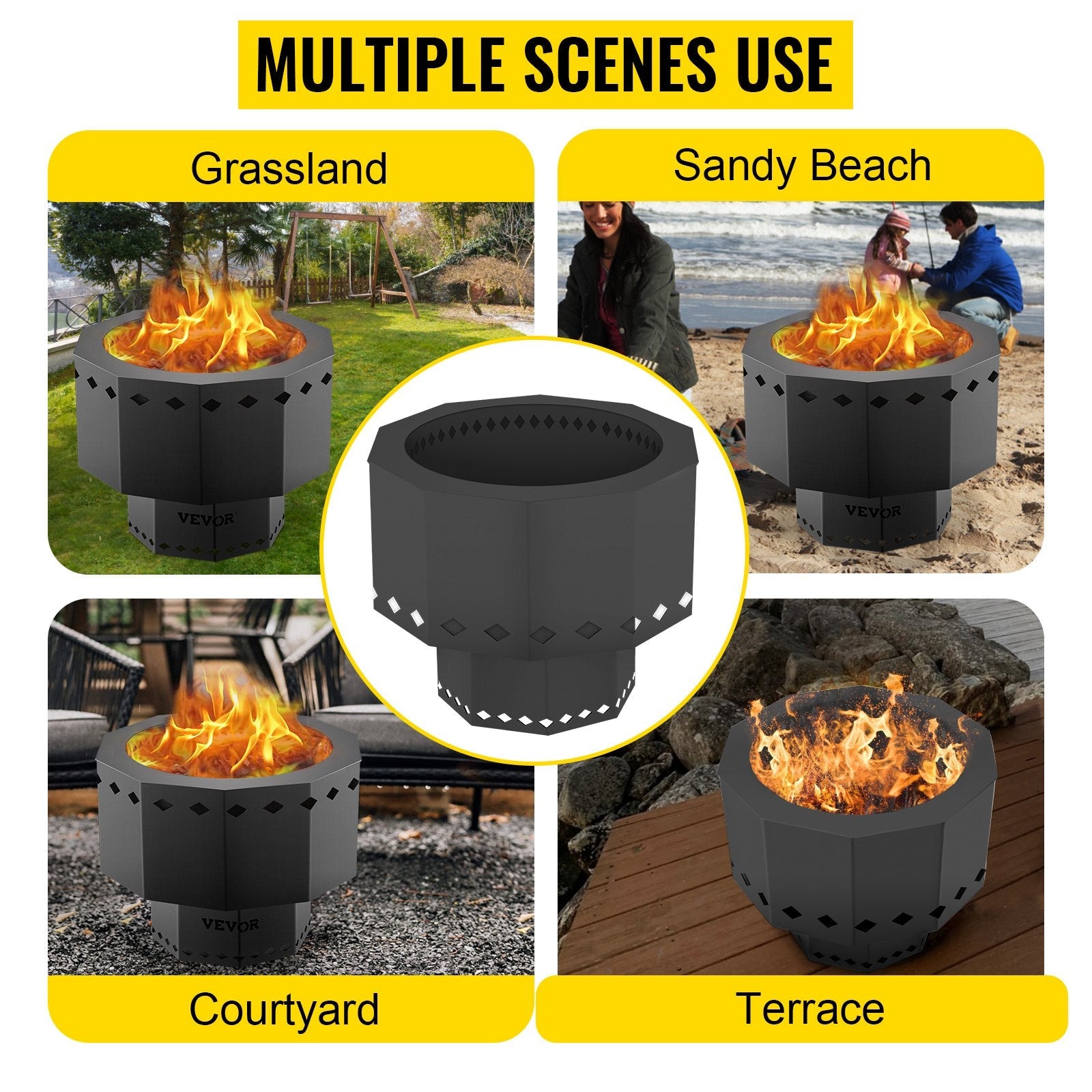 VEVOR Smokeless Fire Pit, Carbon Steel Stove Bonfire, Large 15 inch Diameter Wood Burning Fire Pit, Outdoor Stove Bonfire Fire Pit, Portable Smokeless Fire Bowl for Picnic Camping Backyard Black 