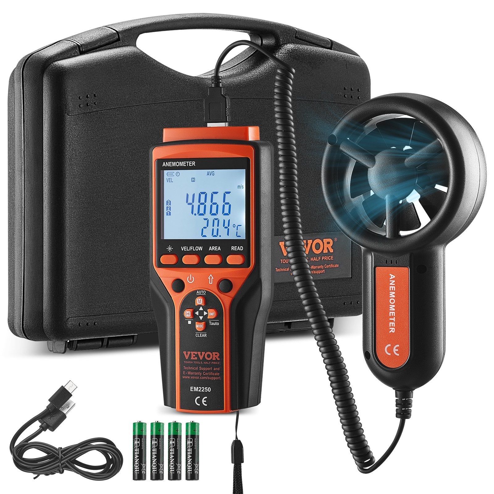 VEVOR Split Handheld Anemometer, 14?-140?, Digital Wind Speed CFM Meter Gauge with LED Backlight Screen, Measures Wind Velocity Wind Temperature Air Flow Wind Chill, for Sailing Surfing Flying HVAC 