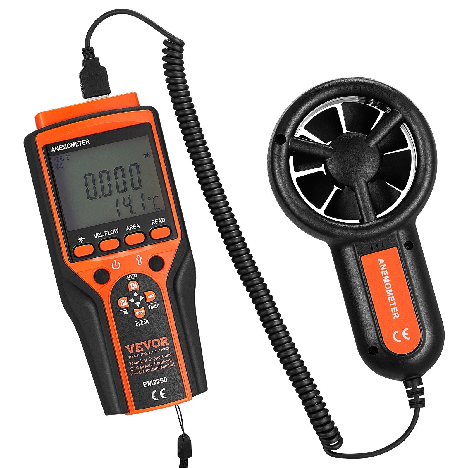 VEVOR Split Handheld Anemometer, 14?-140?, Digital Wind Speed CFM Meter Gauge with LED Backlight Screen, Measures Wind Velocity Wind Temperature Air Flow Wind Chill, for Sailing Surfing Flying HVAC 