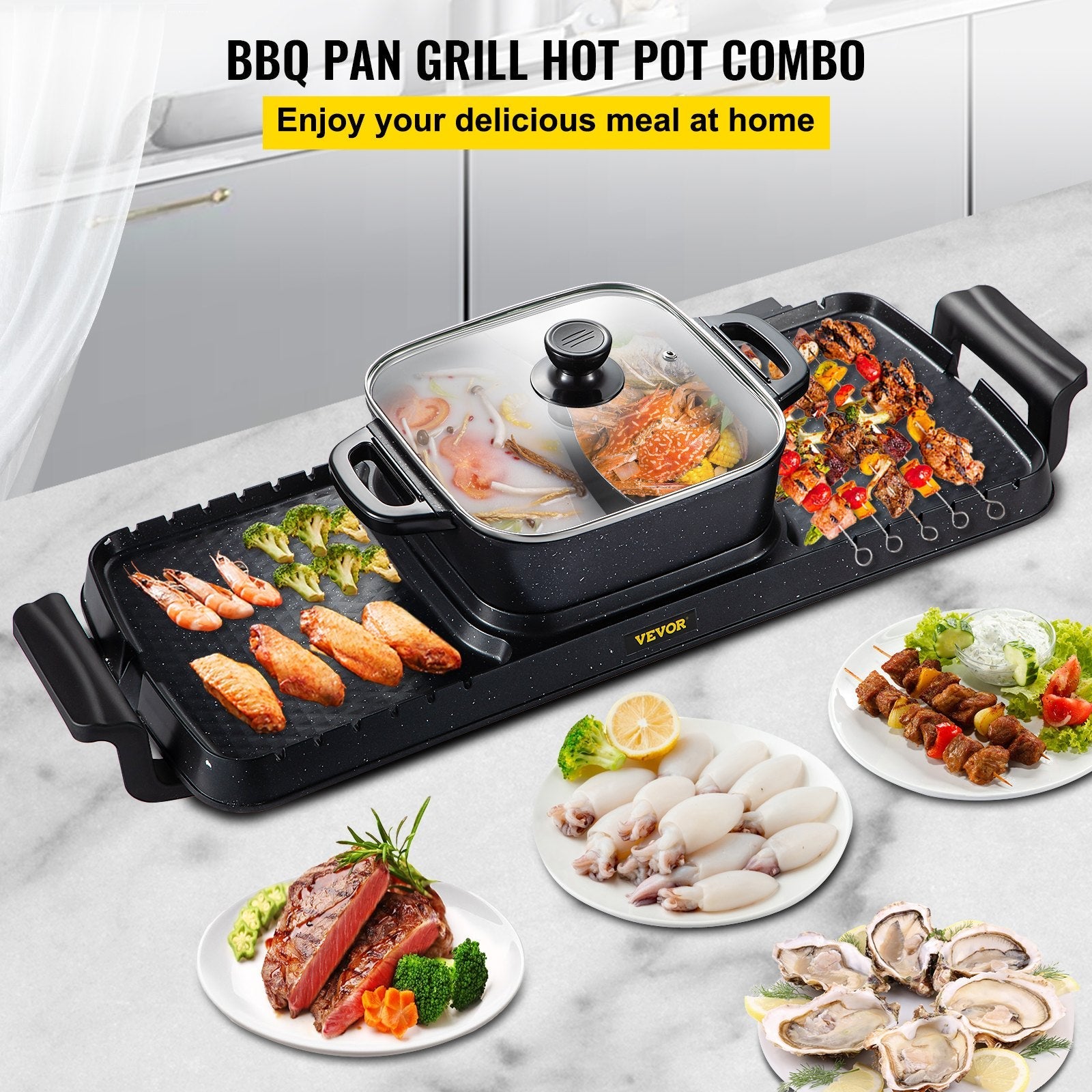 VEVOR 2 in 1 Electric Grill and Hot Pot, 2400W BBQ Pan Grill and Hot Pot, Multifunctional Teppanyaki Grill Pot with Dual Temp Control, Smokeless Hot Pot Grill with Nonstick Coating for 1-8 People 