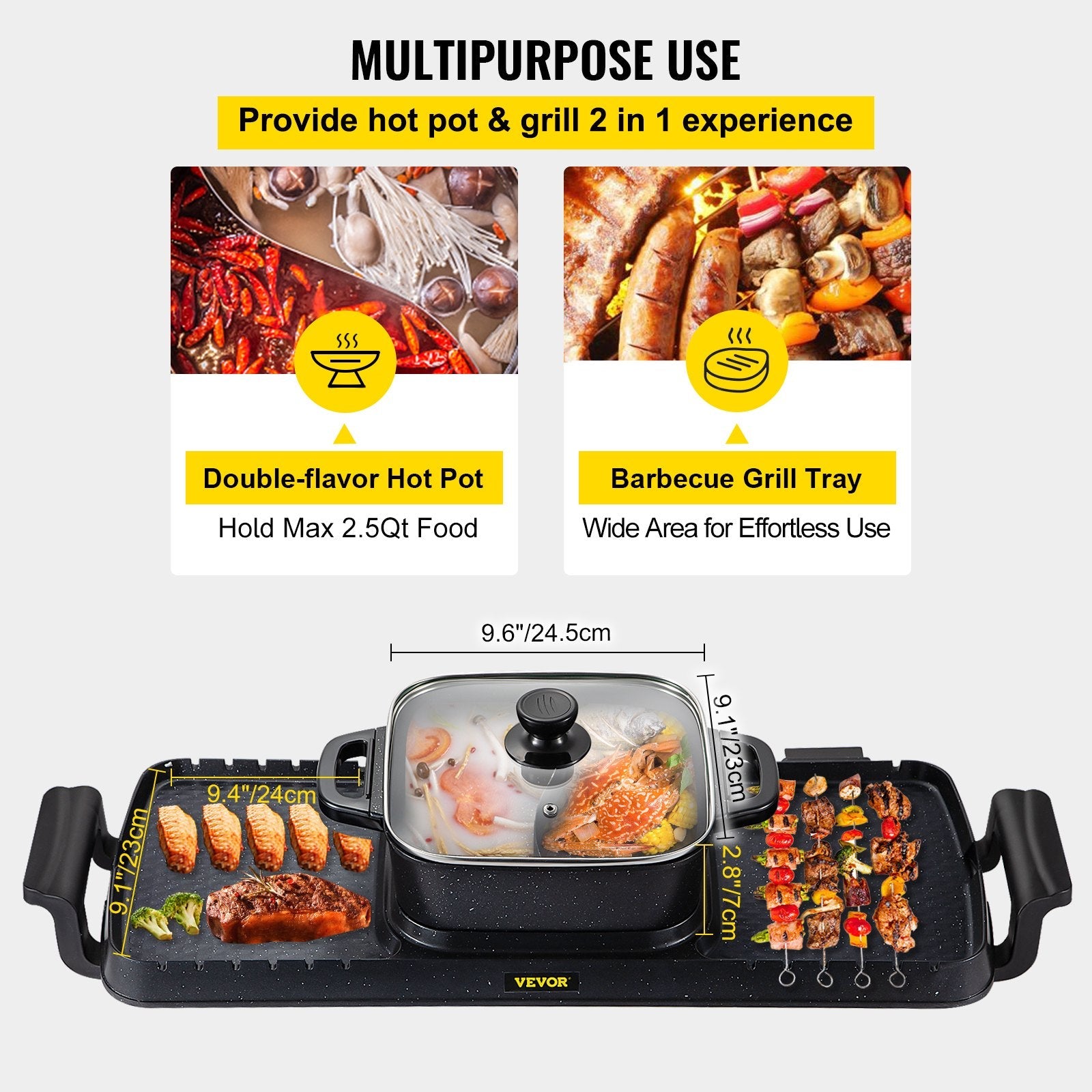 VEVOR 2 in 1 Electric Grill and Hot Pot, 2400W BBQ Pan Grill and Hot Pot, Multifunctional Teppanyaki Grill Pot with Dual Temp Control, Smokeless Hot Pot Grill with Nonstick Coating for 1-8 People 