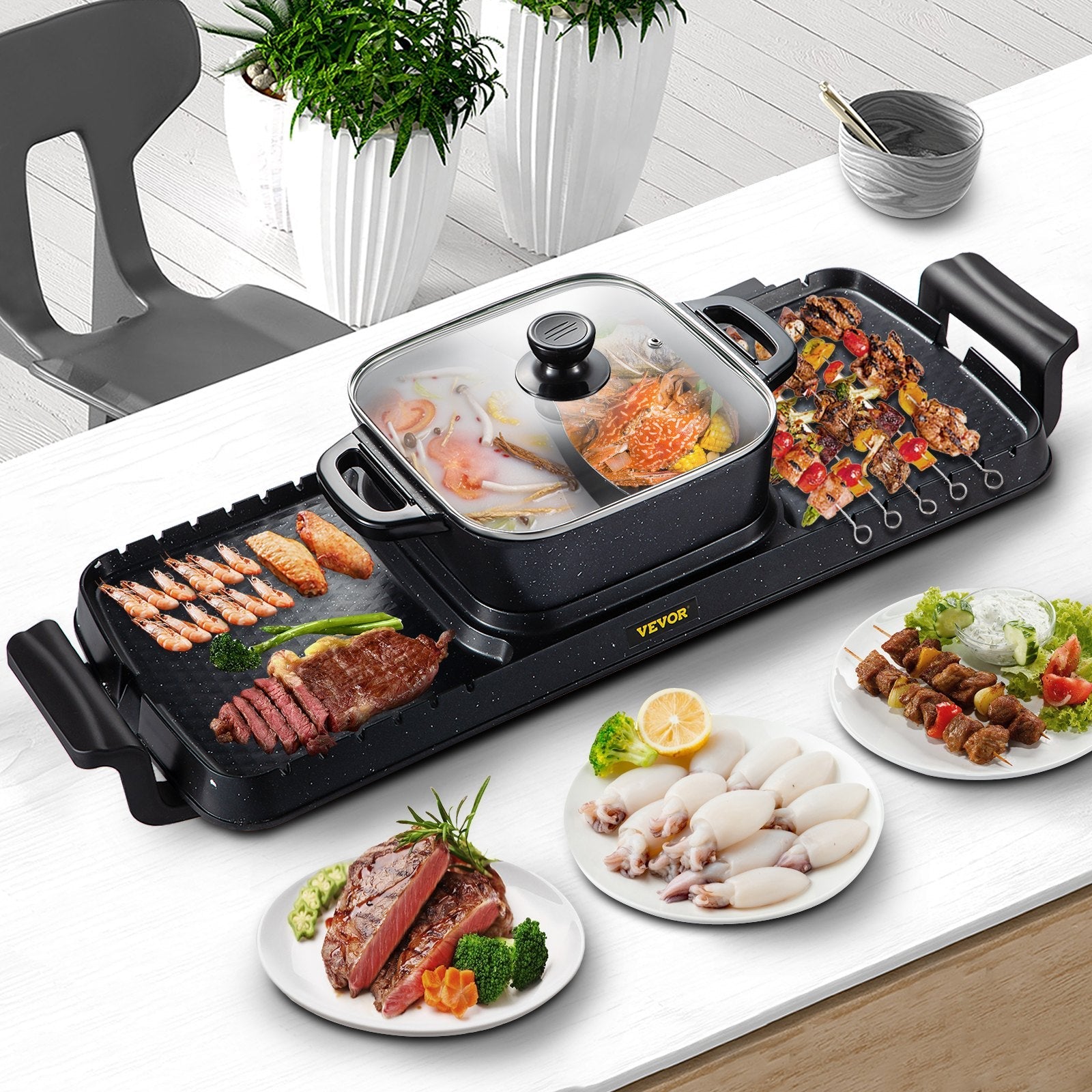 VEVOR 2 in 1 Electric Grill and Hot Pot, 2400W BBQ Pan Grill and Hot Pot, Multifunctional Teppanyaki Grill Pot with Dual Temp Control, Smokeless Hot Pot Grill with Nonstick Coating for 1-8 People 