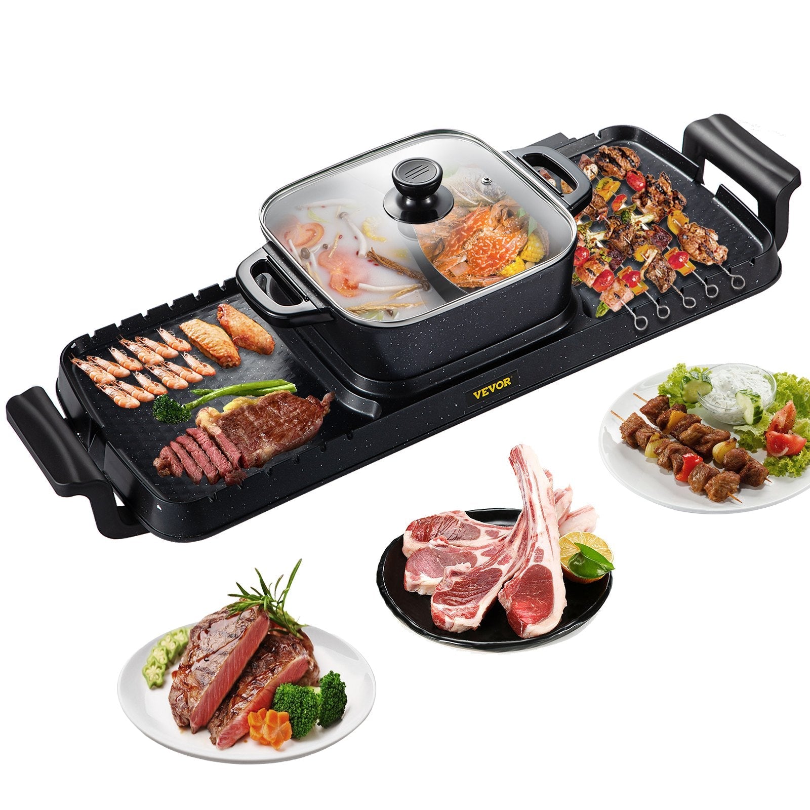 VEVOR 2 in 1 Electric Grill and Hot Pot, 2400W BBQ Pan Grill and Hot Pot, Multifunctional Teppanyaki Grill Pot with Dual Temp Control, Smokeless Hot Pot Grill with Nonstick Coating for 1-8 People 