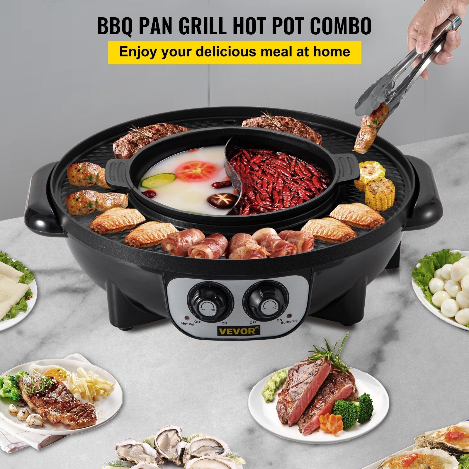 VEVOR 2 in 1 Electric Grill and Hot Pot, 2200W BBQ Pan Grill and Hot Pot, Multifunctional Teppanyaki Grill Pot with Dual Temp Control, Smokeless Hot Pot Grill with Nonstick Coating for 1-8 People 
