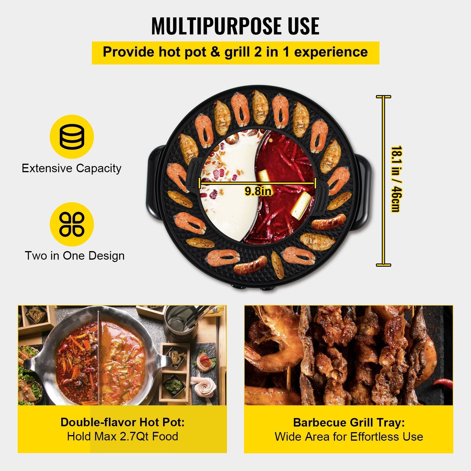 VEVOR 2 in 1 Electric Grill and Hot Pot, 2200W BBQ Pan Grill and Hot Pot, Multifunctional Teppanyaki Grill Pot with Dual Temp Control, Smokeless Hot Pot Grill with Nonstick Coating for 1-8 People 