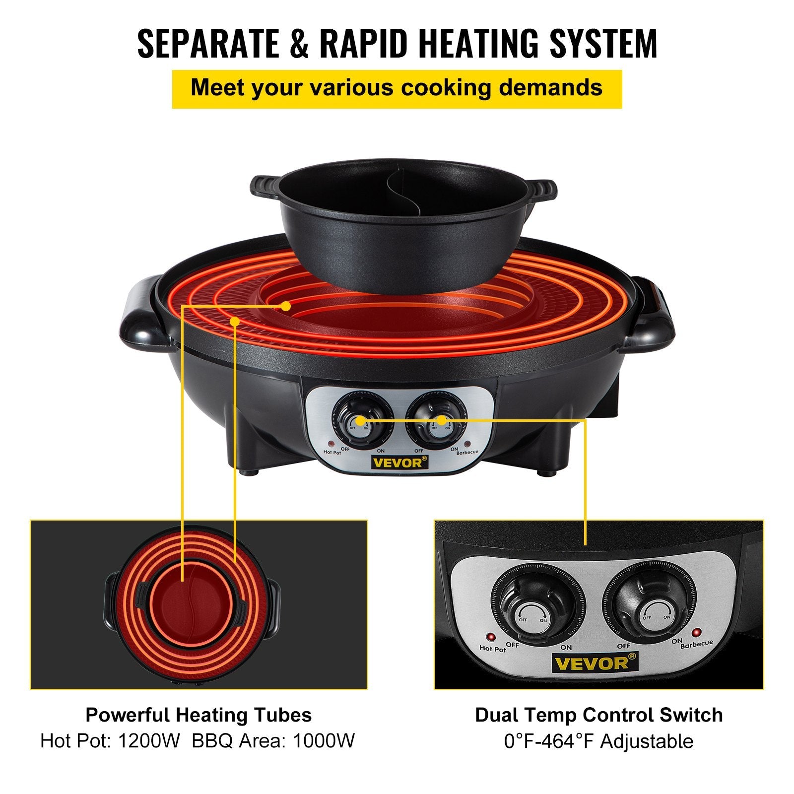 VEVOR 2 in 1 Electric Grill and Hot Pot, 2200W BBQ Pan Grill and Hot Pot, Multifunctional Teppanyaki Grill Pot with Dual Temp Control, Smokeless Hot Pot Grill with Nonstick Coating for 1-8 People 