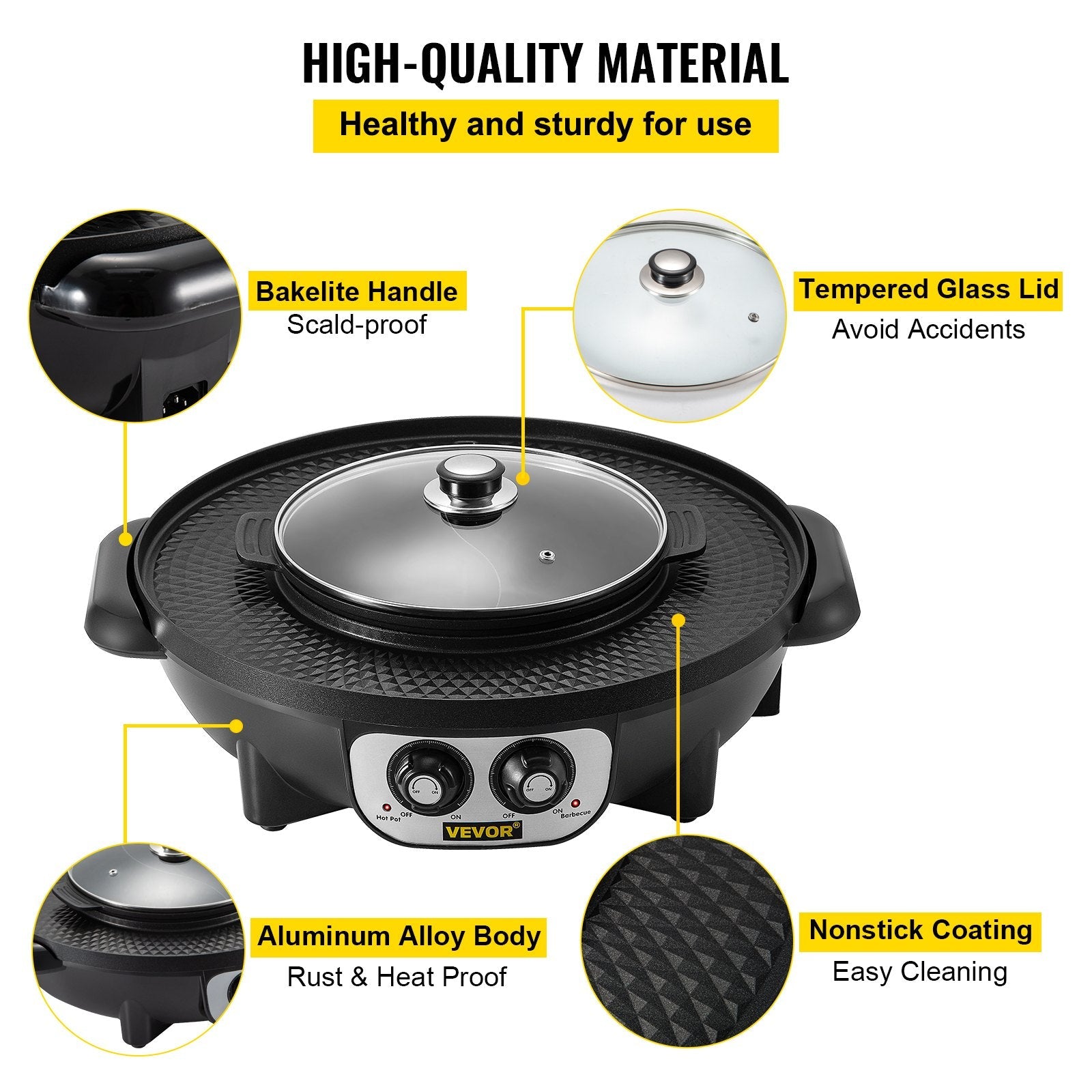 VEVOR 2 in 1 Electric Grill and Hot Pot, 2200W BBQ Pan Grill and Hot Pot, Multifunctional Teppanyaki Grill Pot with Dual Temp Control, Smokeless Hot Pot Grill with Nonstick Coating for 1-8 People 