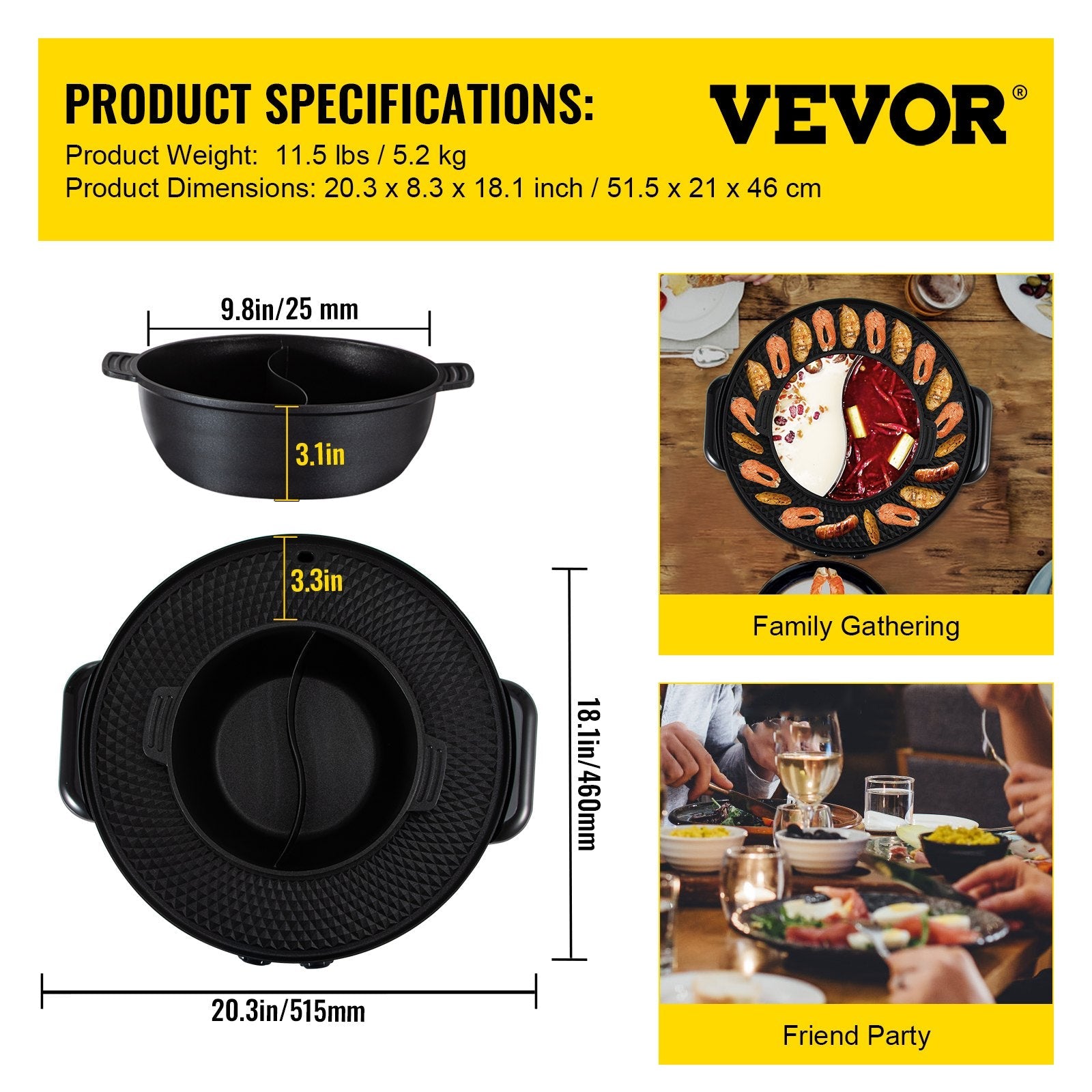VEVOR 2 in 1 Electric Grill and Hot Pot, 2200W BBQ Pan Grill and Hot Pot, Multifunctional Teppanyaki Grill Pot with Dual Temp Control, Smokeless Hot Pot Grill with Nonstick Coating for 1-8 People 