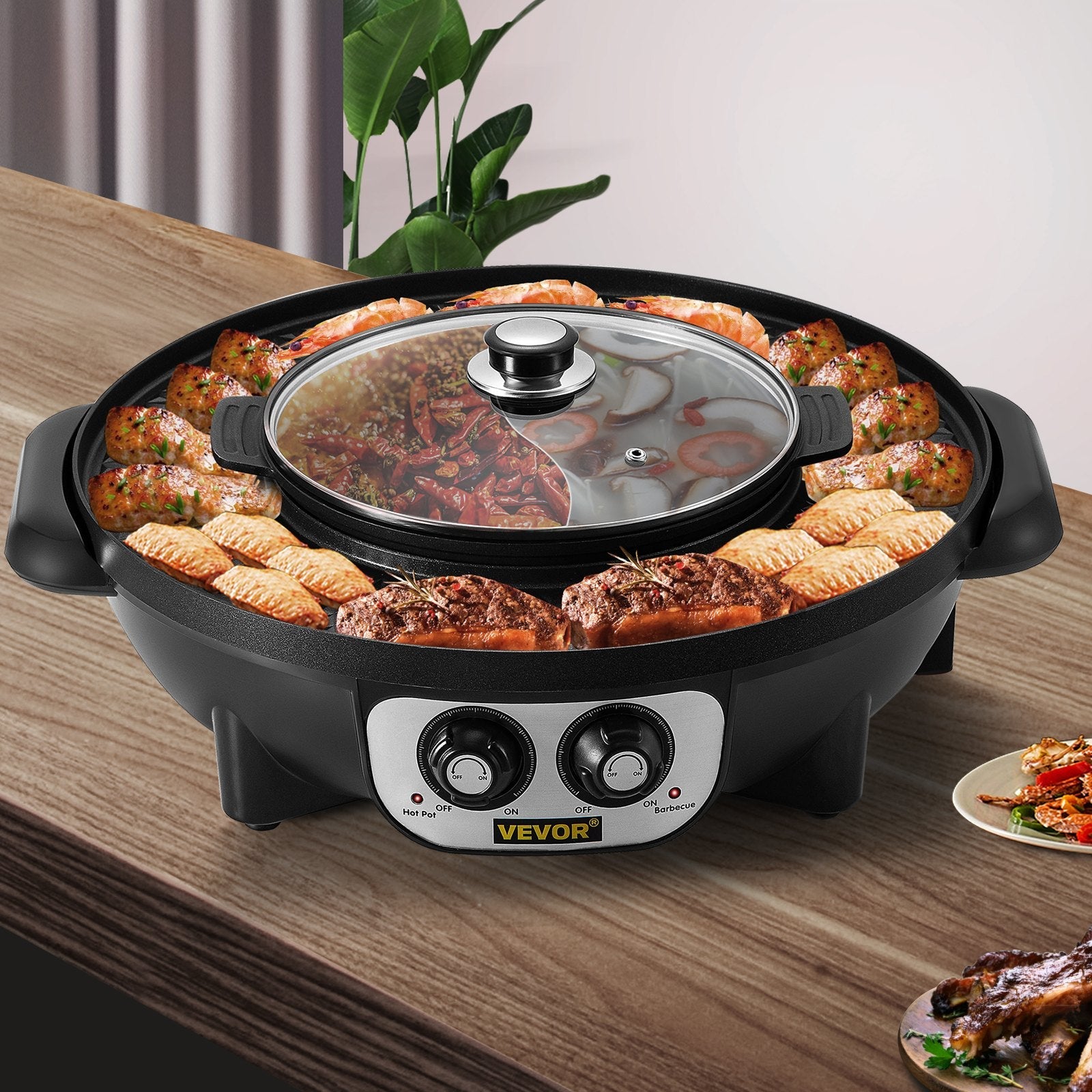 VEVOR 2 in 1 Electric Grill and Hot Pot, 2200W BBQ Pan Grill and Hot Pot, Multifunctional Teppanyaki Grill Pot with Dual Temp Control, Smokeless Hot Pot Grill with Nonstick Coating for 1-8 People 