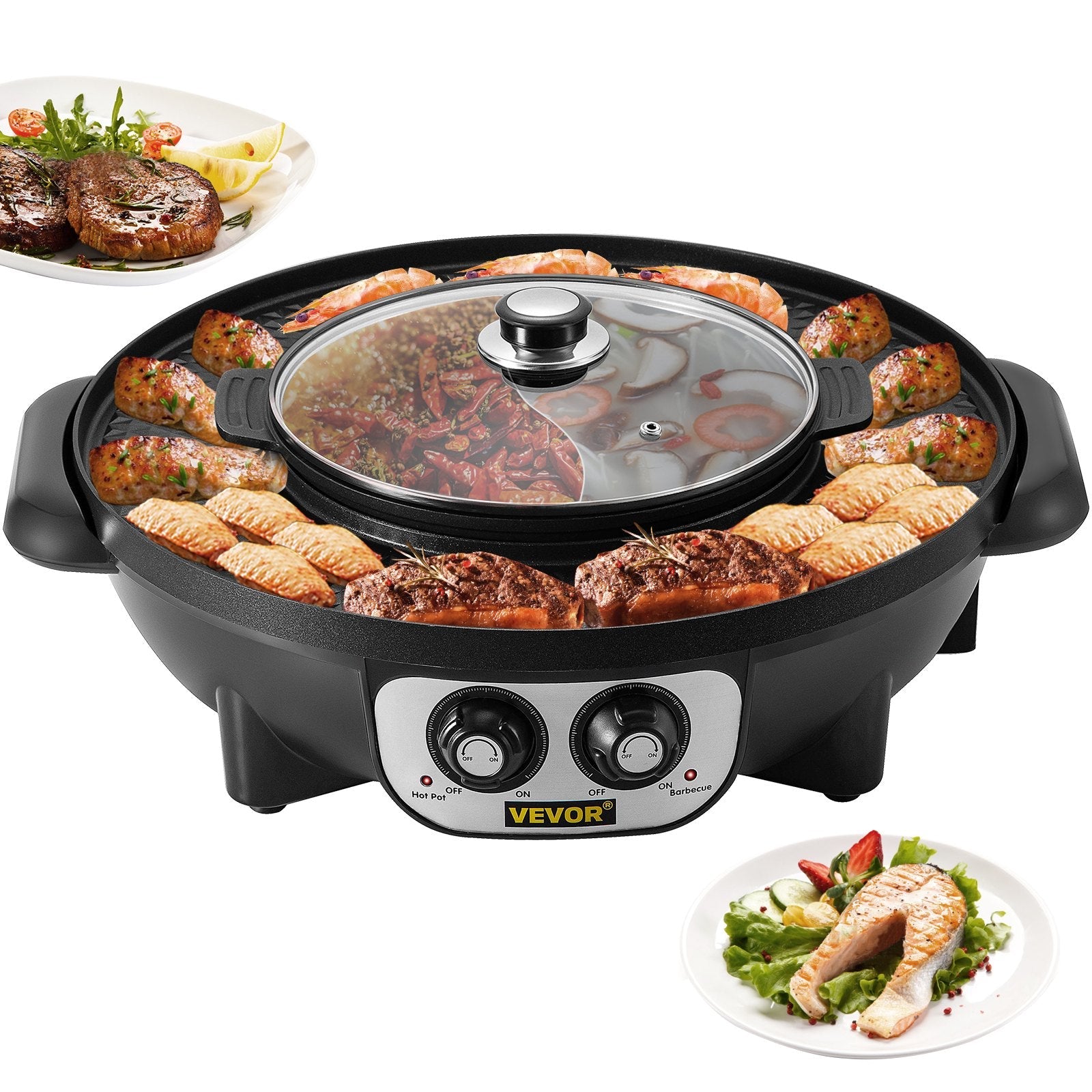 VEVOR 2 in 1 Electric Grill and Hot Pot, 2200W BBQ Pan Grill and Hot Pot, Multifunctional Teppanyaki Grill Pot with Dual Temp Control, Smokeless Hot Pot Grill with Nonstick Coating for 1-8 People 