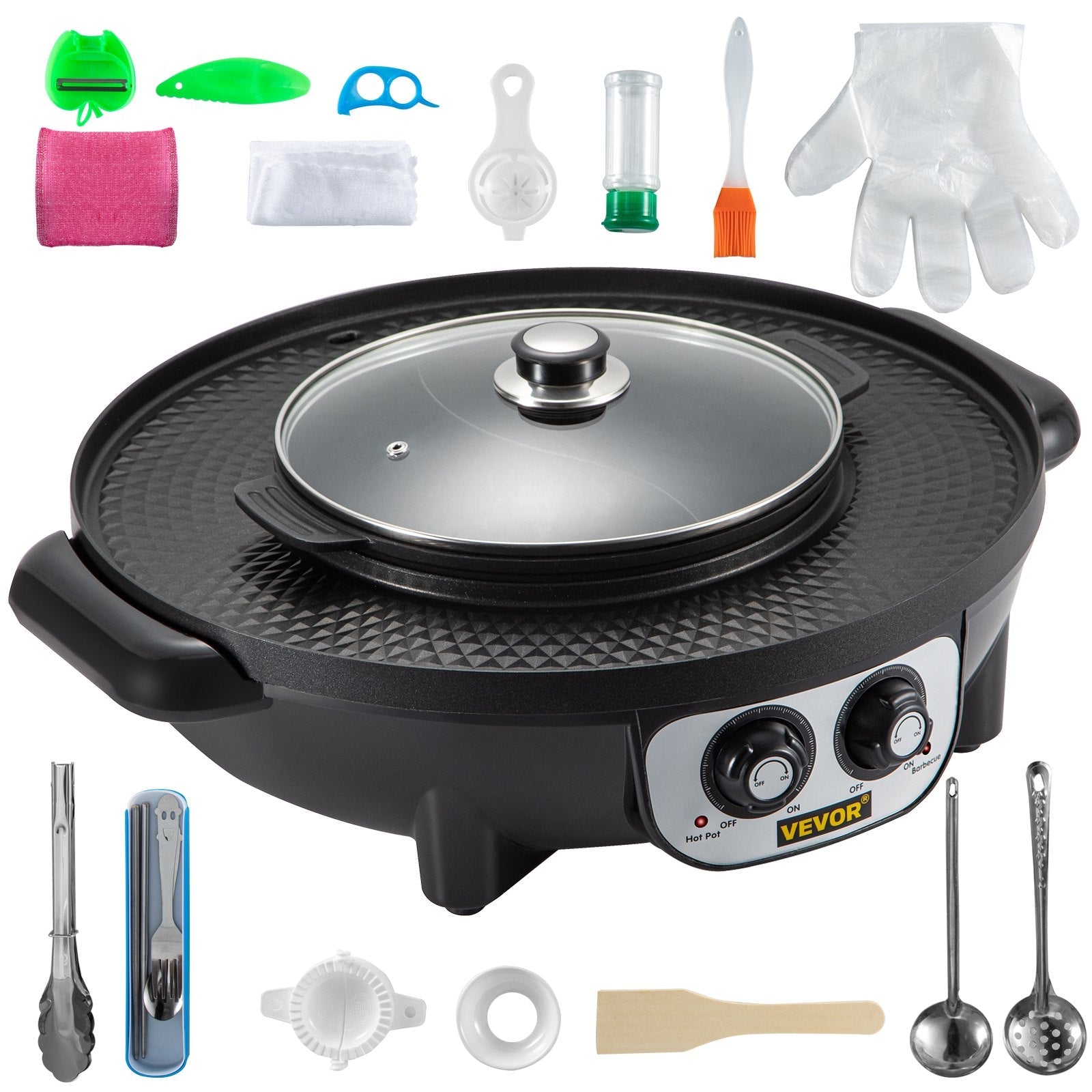 VEVOR 2 in 1 Electric Grill and Hot Pot, 2200W BBQ Pan Grill and Hot Pot, Multifunctional Teppanyaki Grill Pot with Dual Temp Control, Smokeless Hot Pot Grill with Nonstick Coating for 1-8 People 
