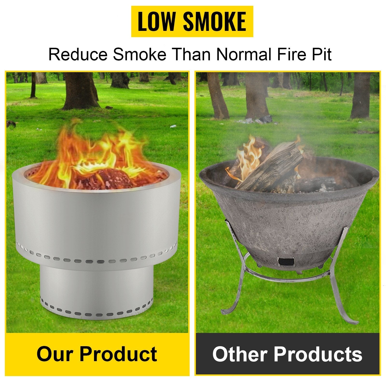 VEVOR Smokeless Fire Pit, Stainless Steel Stove Bonfire, Large 20 inch Diameter Wood Burning Fire Pit, Outdoor Stove Bonfire Fire Pit, Portable Smokeless Fire Bowl for Picnic Camping Backyard Silver 