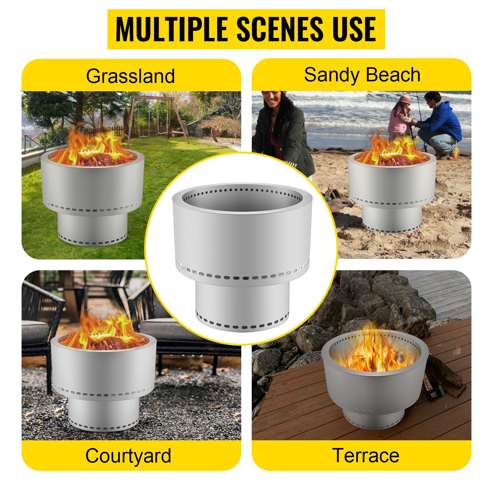 VEVOR Smokeless Fire Pit, Stainless Steel Stove Bonfire, Large 20 inch Diameter Wood Burning Fire Pit, Outdoor Stove Bonfire Fire Pit, Portable Smokeless Fire Bowl for Picnic Camping Backyard Silver 