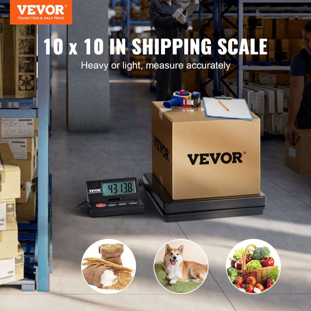 VEVOR Digital Shipping Scale, 110 lbs x 0.07 oz. Heavy Duty Postal Scale with Timer, Tare, Hold Function, 90° Foldable LCD Screen Package Scale for Laggage, Home, Post Office, AC/DC Powered, FCC Liste 
