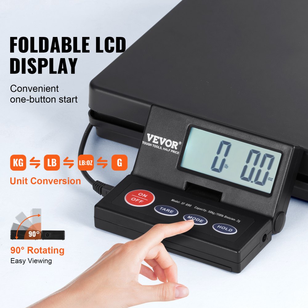 VEVOR Digital Shipping Scale, 110 lbs x 0.07 oz. Heavy Duty Postal Scale with Timer, Tare, Hold Function, 90° Foldable LCD Screen Package Scale for Laggage, Home, Post Office, AC/DC Powered, FCC Liste 