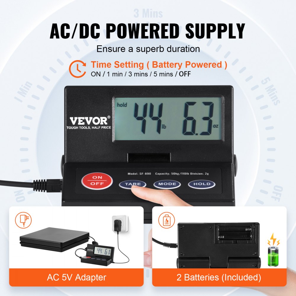 VEVOR Digital Shipping Scale, 110 lbs x 0.07 oz. Heavy Duty Postal Scale with Timer, Tare, Hold Function, 90° Foldable LCD Screen Package Scale for Laggage, Home, Post Office, AC/DC Powered, FCC Liste 