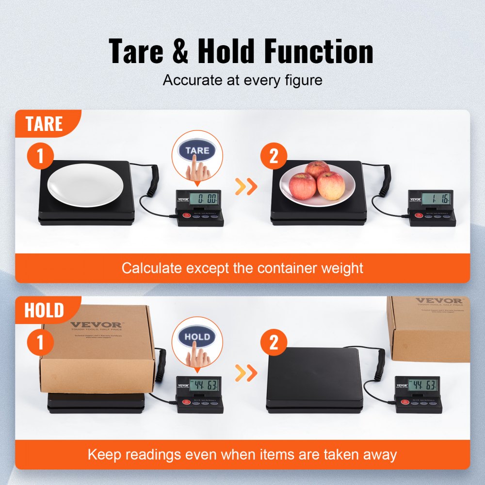 VEVOR Digital Shipping Scale, 110 lbs x 0.07 oz. Heavy Duty Postal Scale with Timer, Tare, Hold Function, 90° Foldable LCD Screen Package Scale for Laggage, Home, Post Office, AC/DC Powered, FCC Liste 