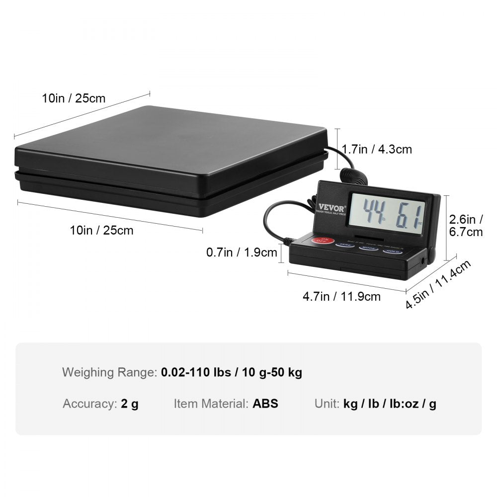 VEVOR Digital Shipping Scale, 110 lbs x 0.07 oz. Heavy Duty Postal Scale with Timer, Tare, Hold Function, 90° Foldable LCD Screen Package Scale for Laggage, Home, Post Office, AC/DC Powered, FCC Liste 