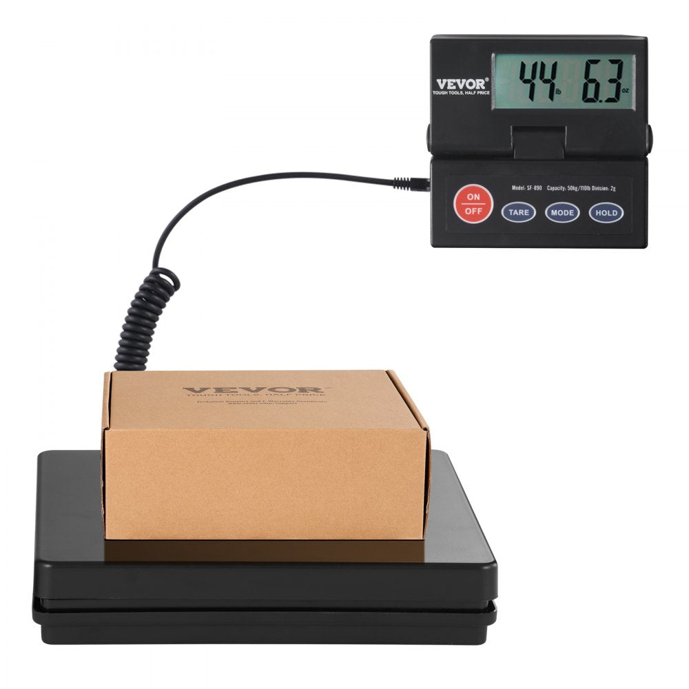 VEVOR Digital Shipping Scale, 110 lbs x 0.07 oz. Heavy Duty Postal Scale with Timer, Tare, Hold Function, 90° Foldable LCD Screen Package Scale for Laggage, Home, Post Office, AC/DC Powered, FCC Liste 