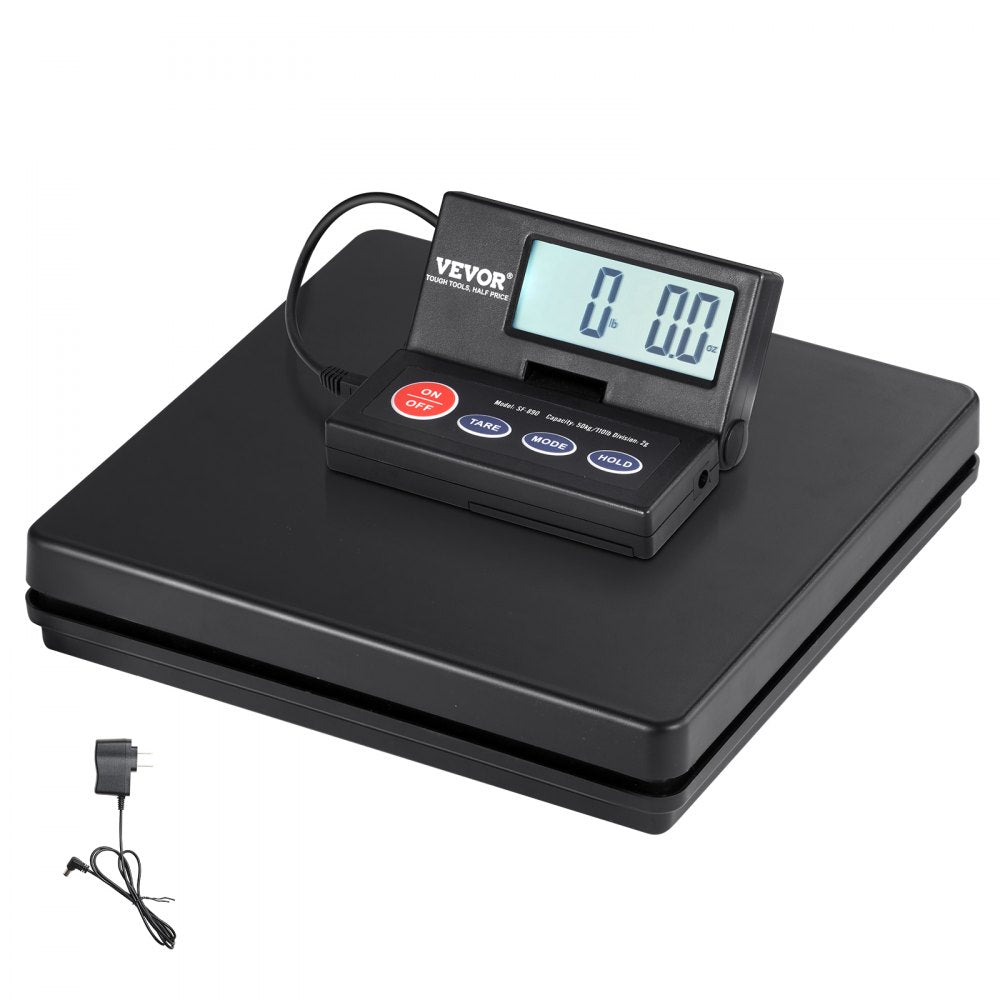VEVOR Digital Shipping Scale, 110 lbs x 0.07 oz. Heavy Duty Postal Scale with Timer, Tare, Hold Function, 90° Foldable LCD Screen Package Scale for Laggage, Home, Post Office, AC/DC Powered, FCC Liste 