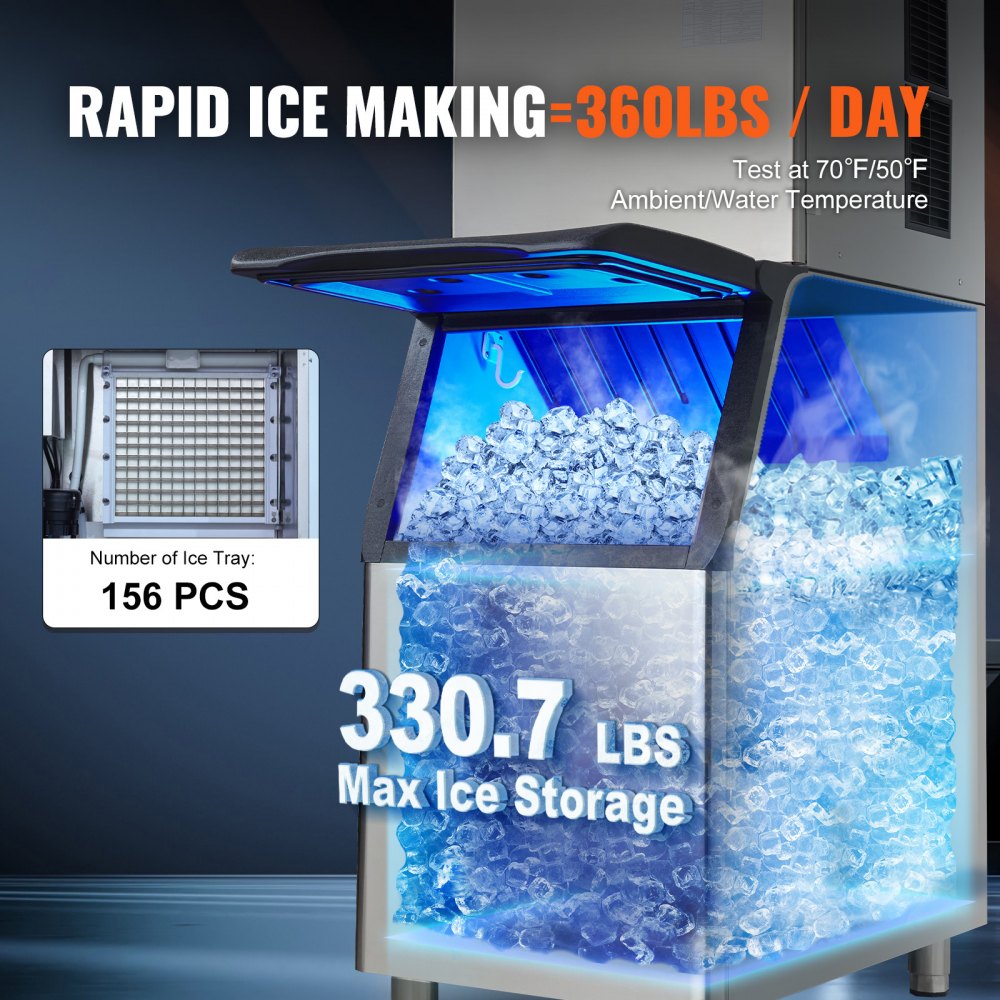 VEVOR Commercial Ice Maker, 360LBS/24H Ice Making Machine with 330.7LBS Large Storage Bin, 700W Auto Self-Cleaning Ice Maker Machine with 3.5-inch LED Panel for Bar Cafe Restaurant Business 
