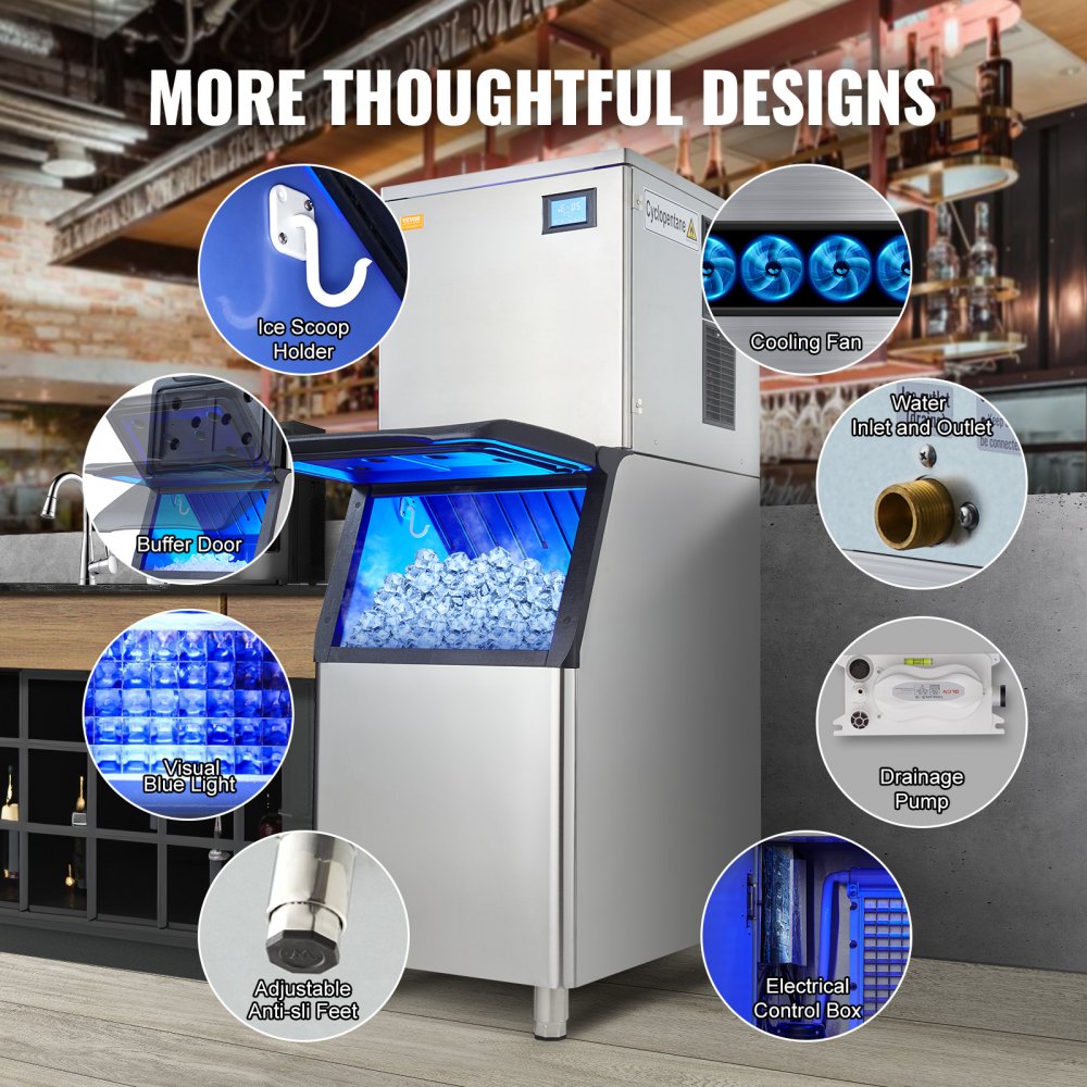 VEVOR Commercial Ice Maker, 360LBS/24H Ice Making Machine with 330.7LBS Large Storage Bin, 700W Auto Self-Cleaning Ice Maker Machine with 3.5-inch LED Panel for Bar Cafe Restaurant Business 
